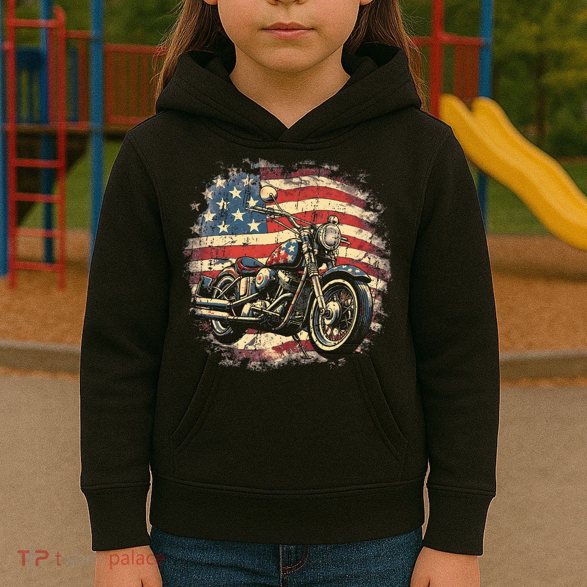 US Flag Motorcycle USA Retro Biker Kids Hoodie