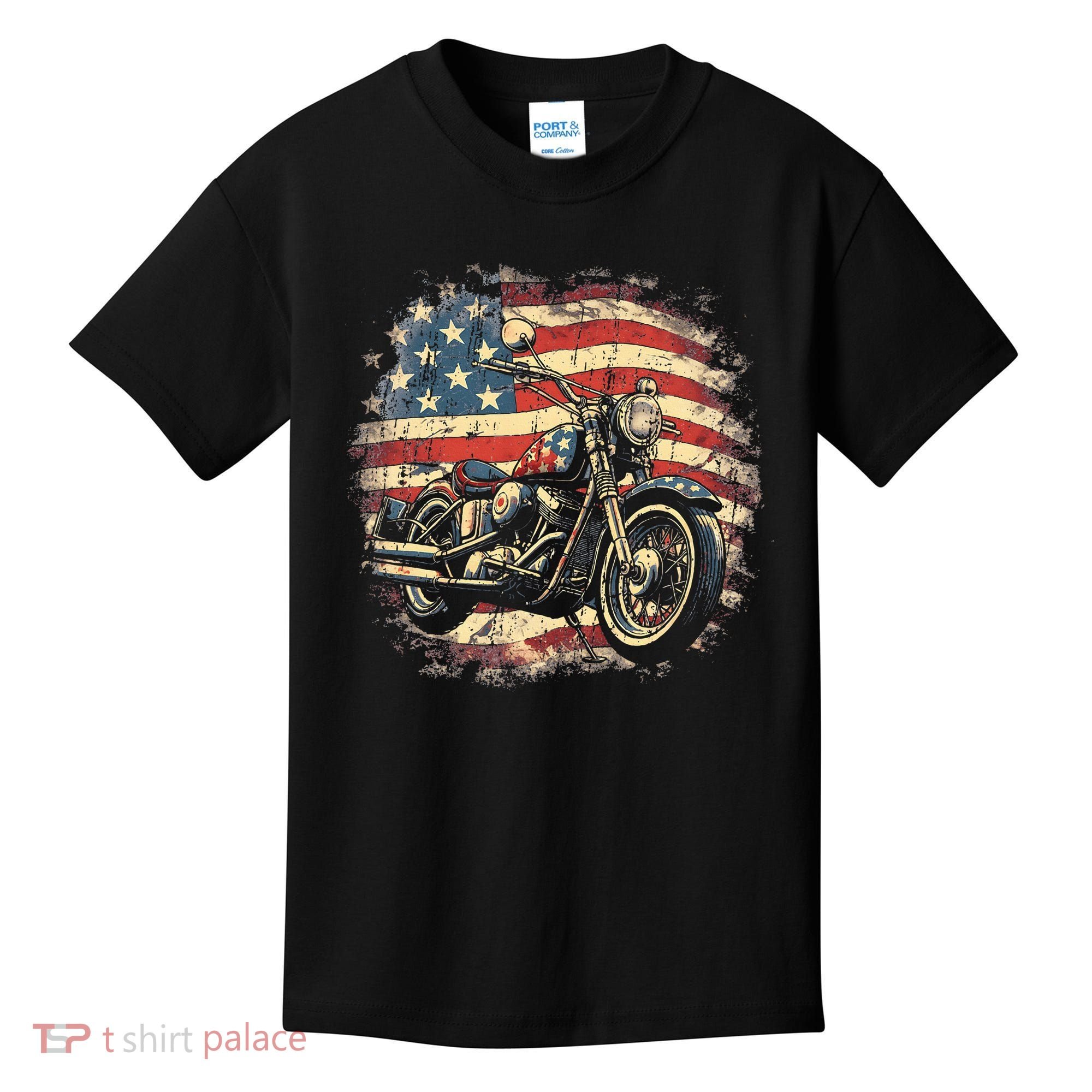 US Flag Motorcycle USA Retro Biker Kids T-Shirt