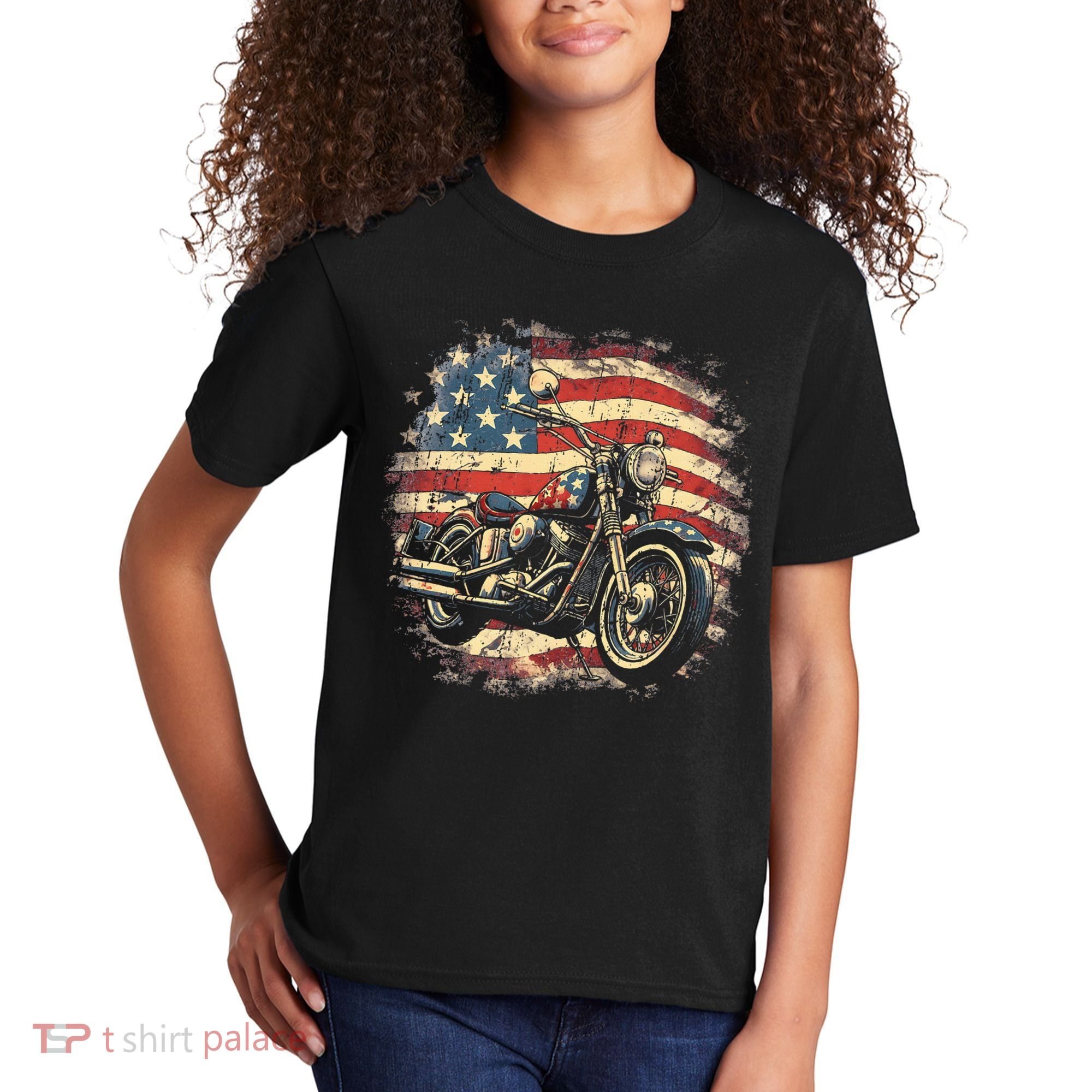 US Flag Motorcycle USA Retro Biker Kids T-Shirt