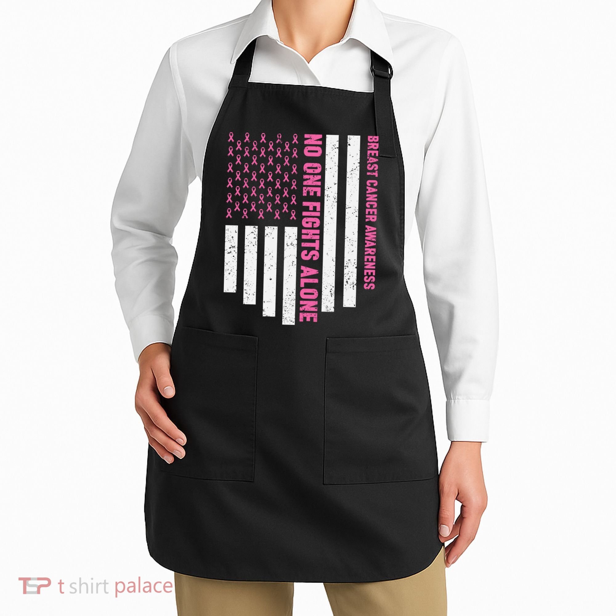 USA Flag No One Fight Alone Breast Caner Awareness Apron