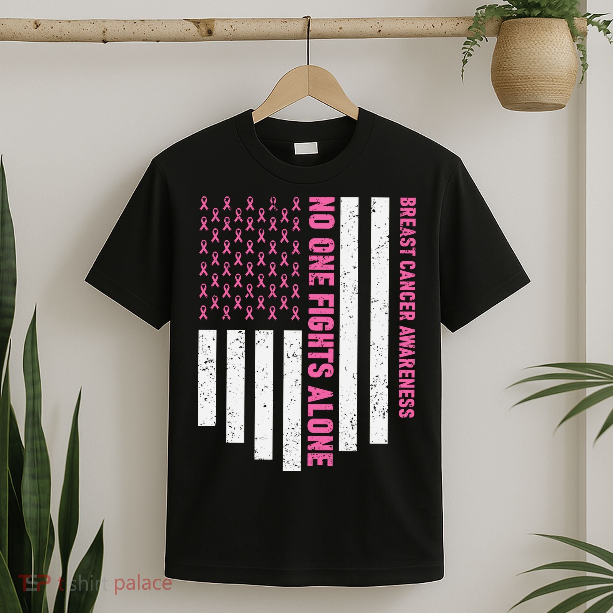 USA Flag No One Fight Alone Breast Caner Awareness T-Shirt