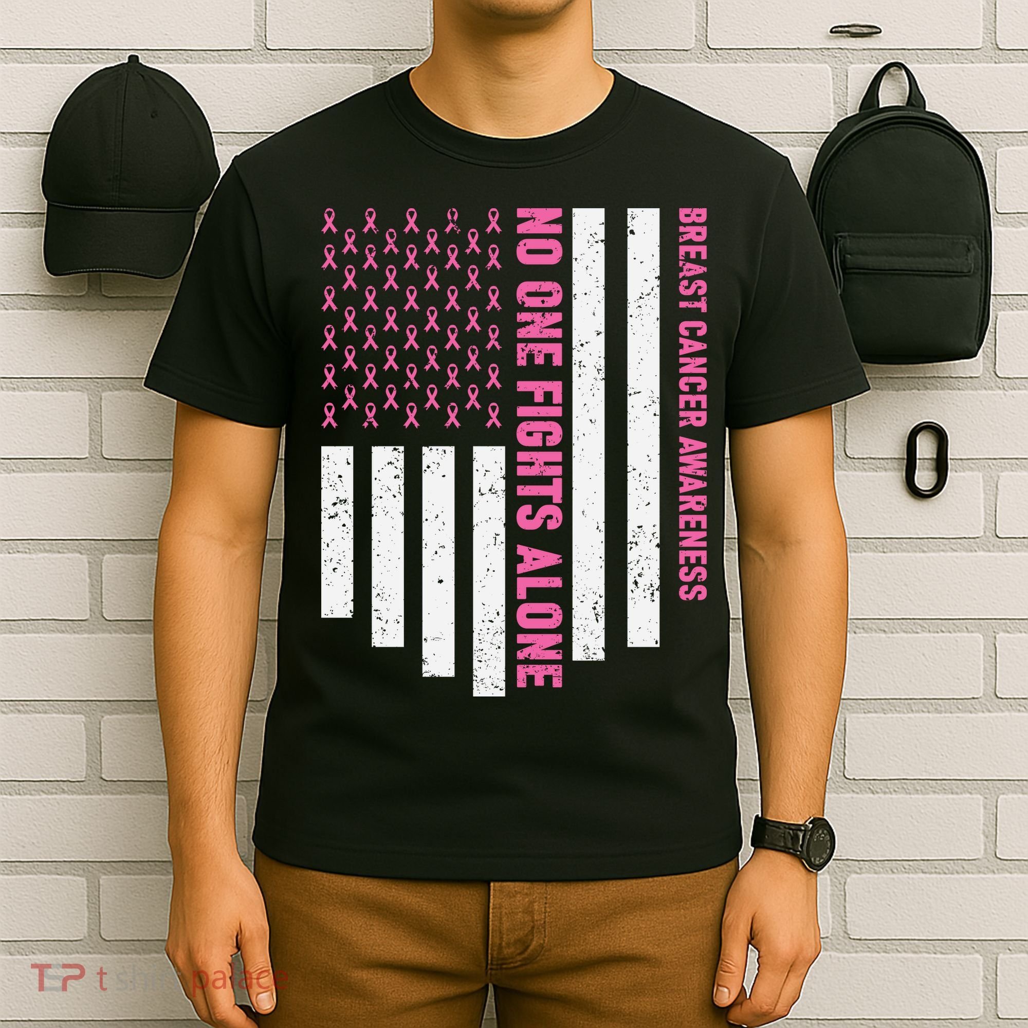 USA Flag No One Fight Alone Breast Caner Awareness T-Shirt