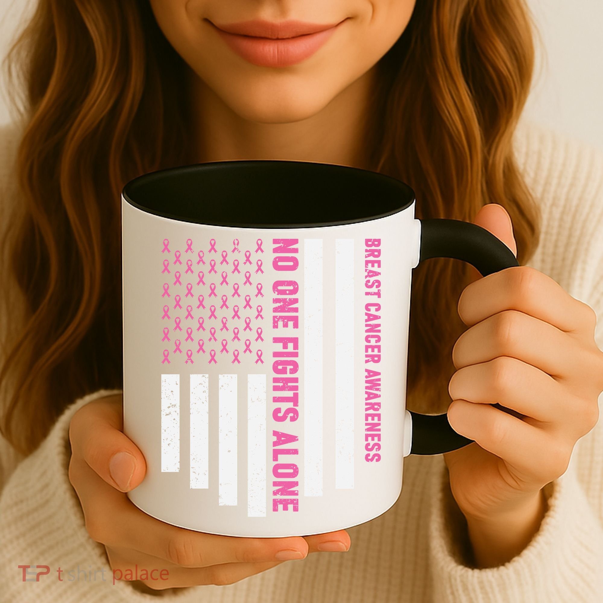 USA Flag No One Fight Alone Breast Caner Awareness Coffee Mug
