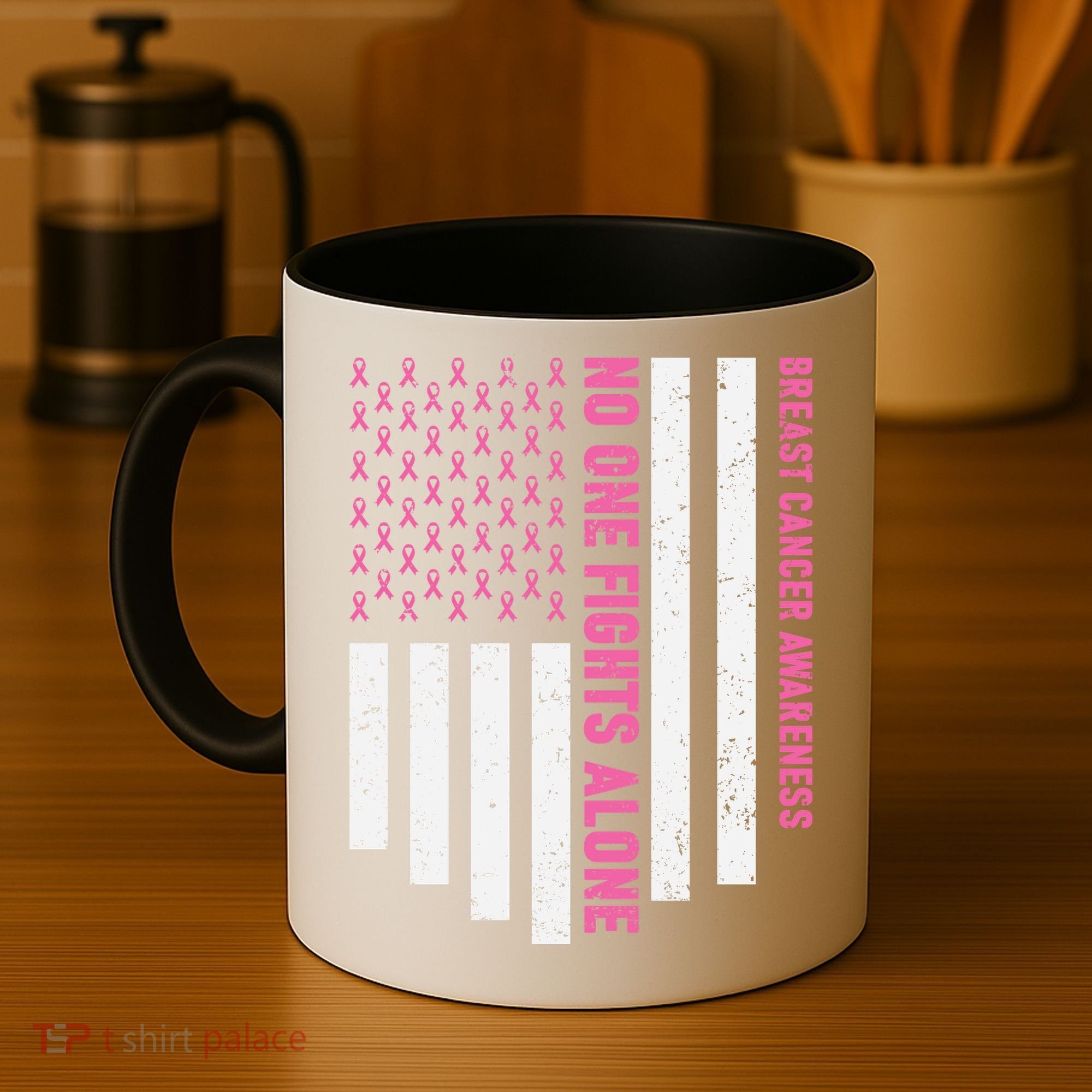 USA Flag No One Fight Alone Breast Caner Awareness Coffee Mug
