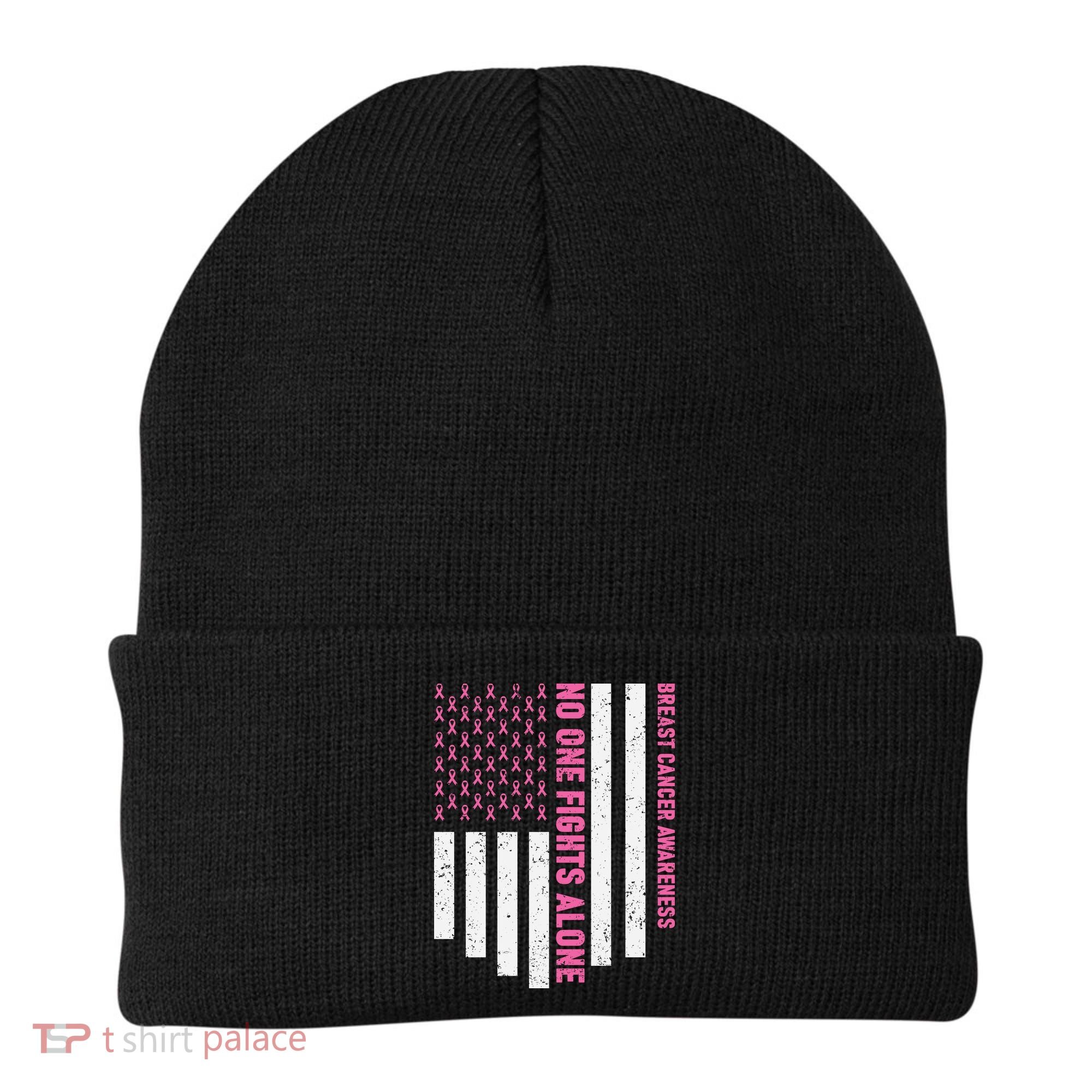 USA Flag No One Fight Alone Breast Caner Awareness Beanie