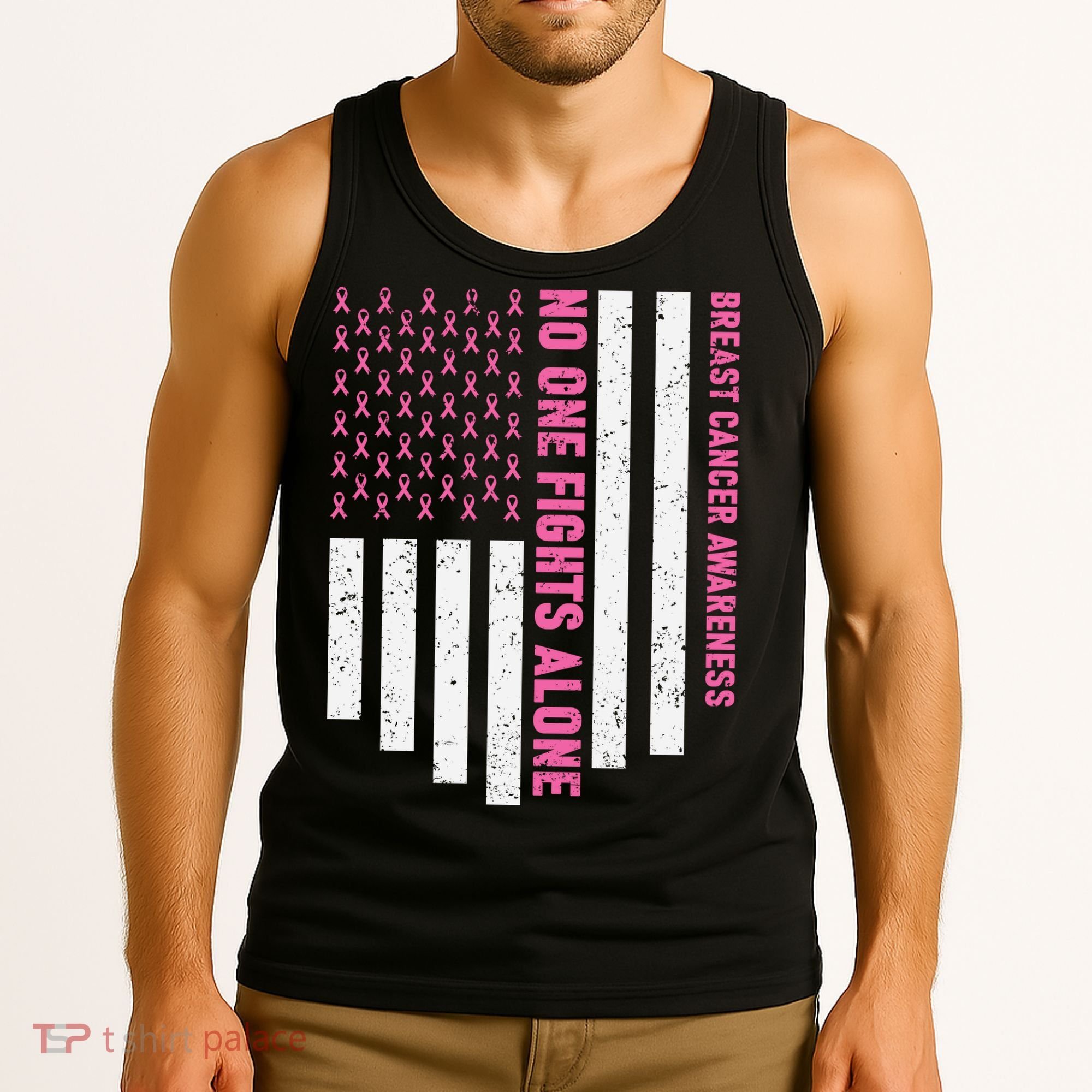 USA Flag No One Fight Alone Breast Caner Awareness Tank Top