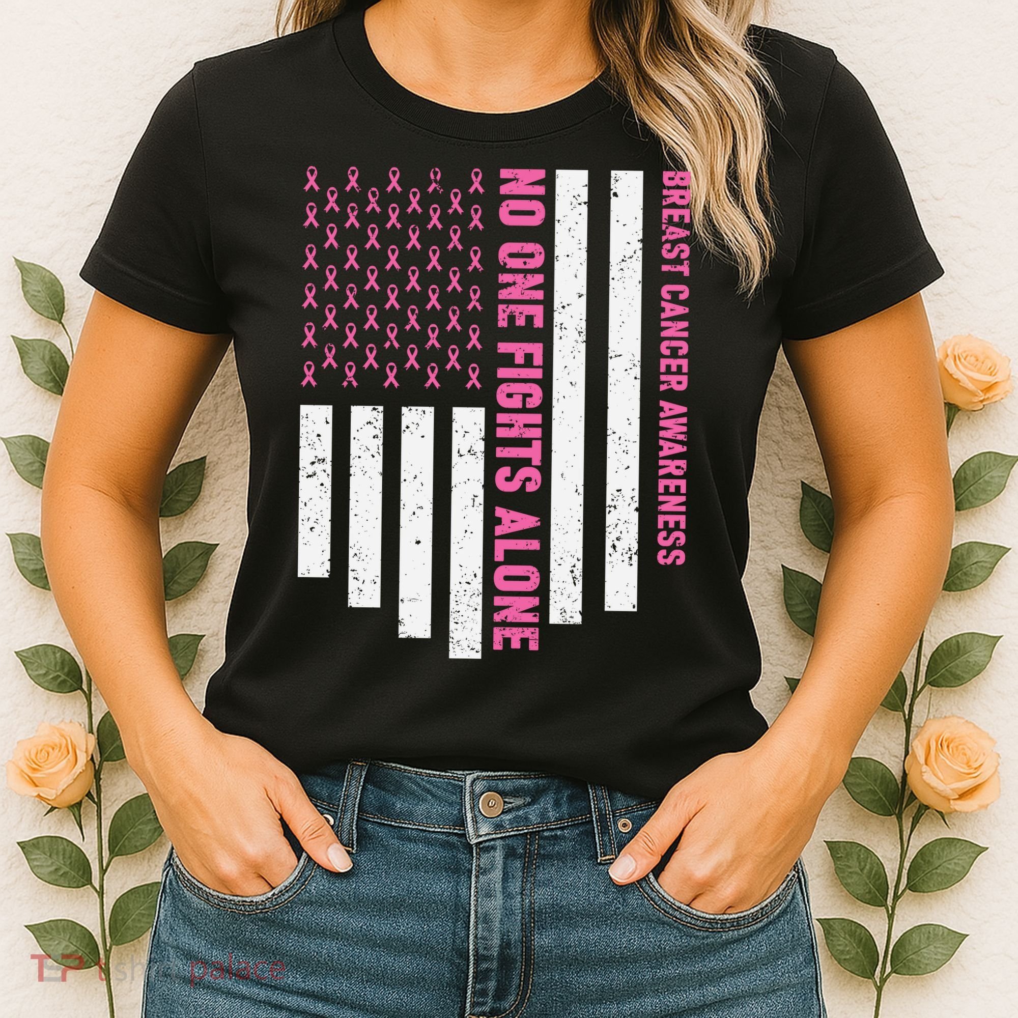 USA Flag No One Fight Alone Breast Caner Awareness Women's T-Shirt