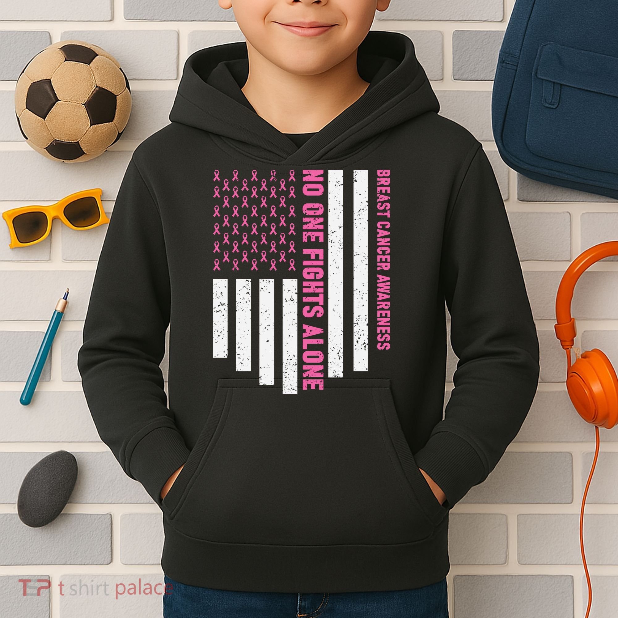 USA Flag No One Fight Alone Breast Caner Awareness Kids Hoodie