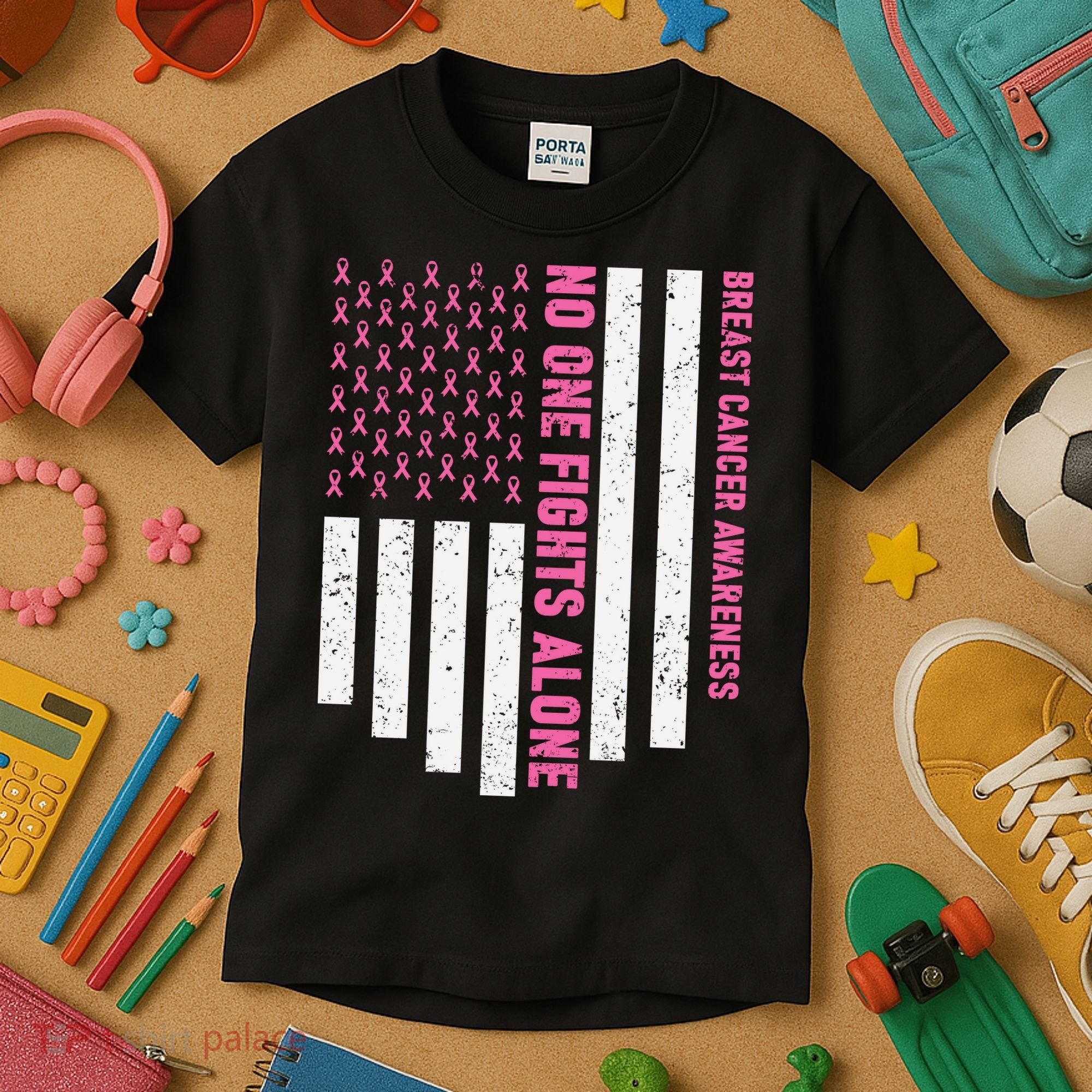 USA Flag No One Fight Alone Breast Caner Awareness Kids T-Shirt