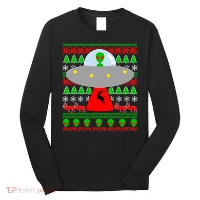 UFO Alien Abducting Reindeer Ugly Christmas Sweater Design Long Sleeve Shirt