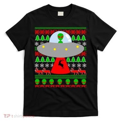 UFO Alien Abducting Reindeer Ugly Christmas Sweater Design T-Shirt