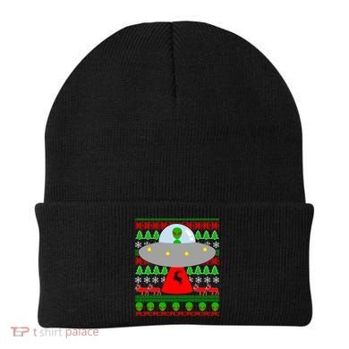 UFO Alien Abducting Reindeer Ugly Christmas Sweater Design Beanie