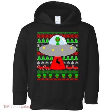 UFO Alien Abducting Reindeer Ugly Christmas Sweater Design Toddler Hoodie