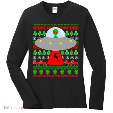 UFO Alien Abducting Reindeer Ugly Christmas Sweater Design Women's Long Sleeve Shirt