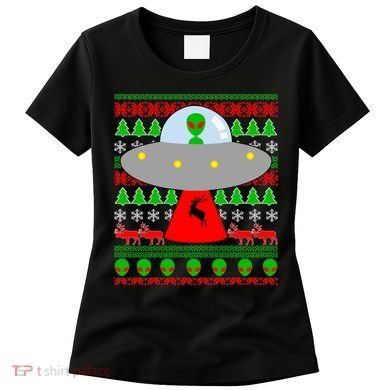 UFO Alien Abducting Reindeer Ugly Christmas Sweater Design Women's T-Shirt