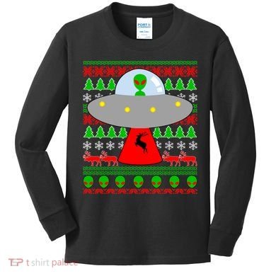UFO Alien Abducting Reindeer Ugly Christmas Sweater Design Kids Long Sleeve Shirt