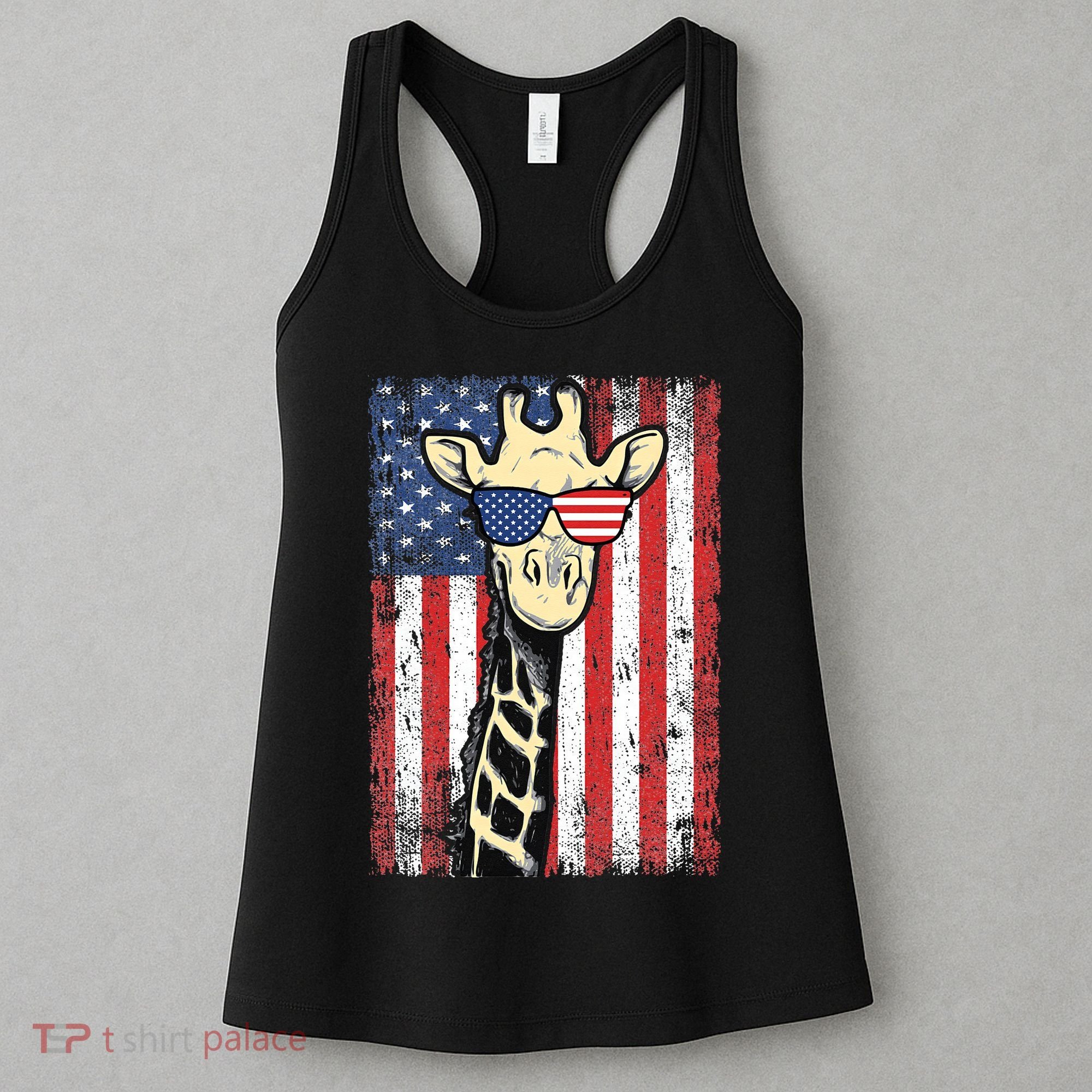 USA Flag Patriotic Giraffe Sunglasses Funny Animal Lover Women's Tank Top