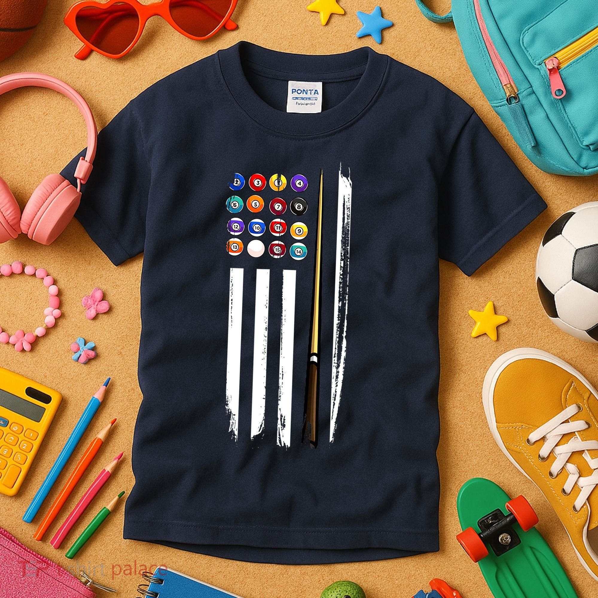 Usa Flag Pool Player Cute Cues Stick Best Gift For Player Kids T-Shirt