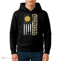 US Flag Pickleball Player Paddleball Lover Kids Hoodie thumb 4