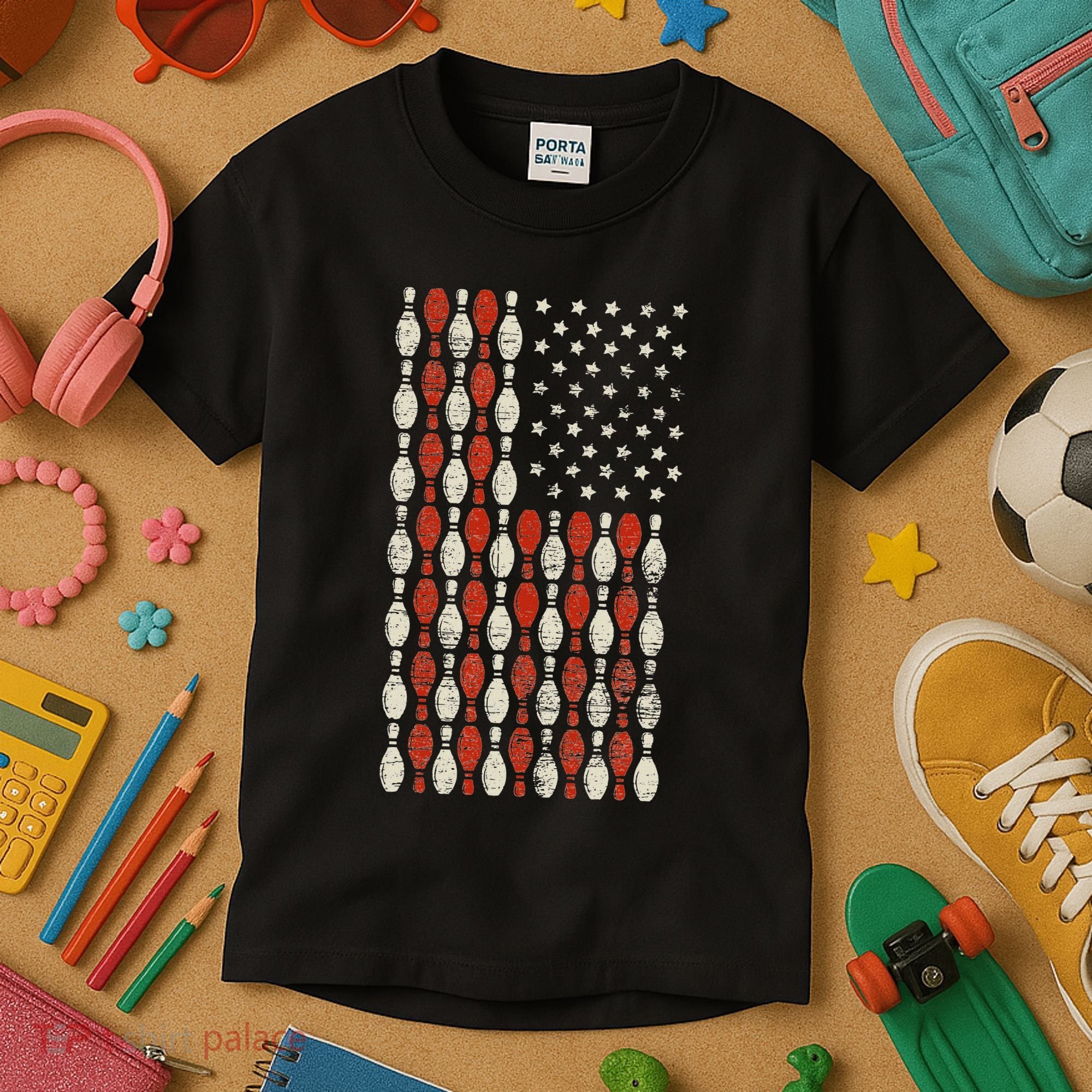 Us Flag Patriotic Proud American Bowler Gift Bowling Kids T-Shirt