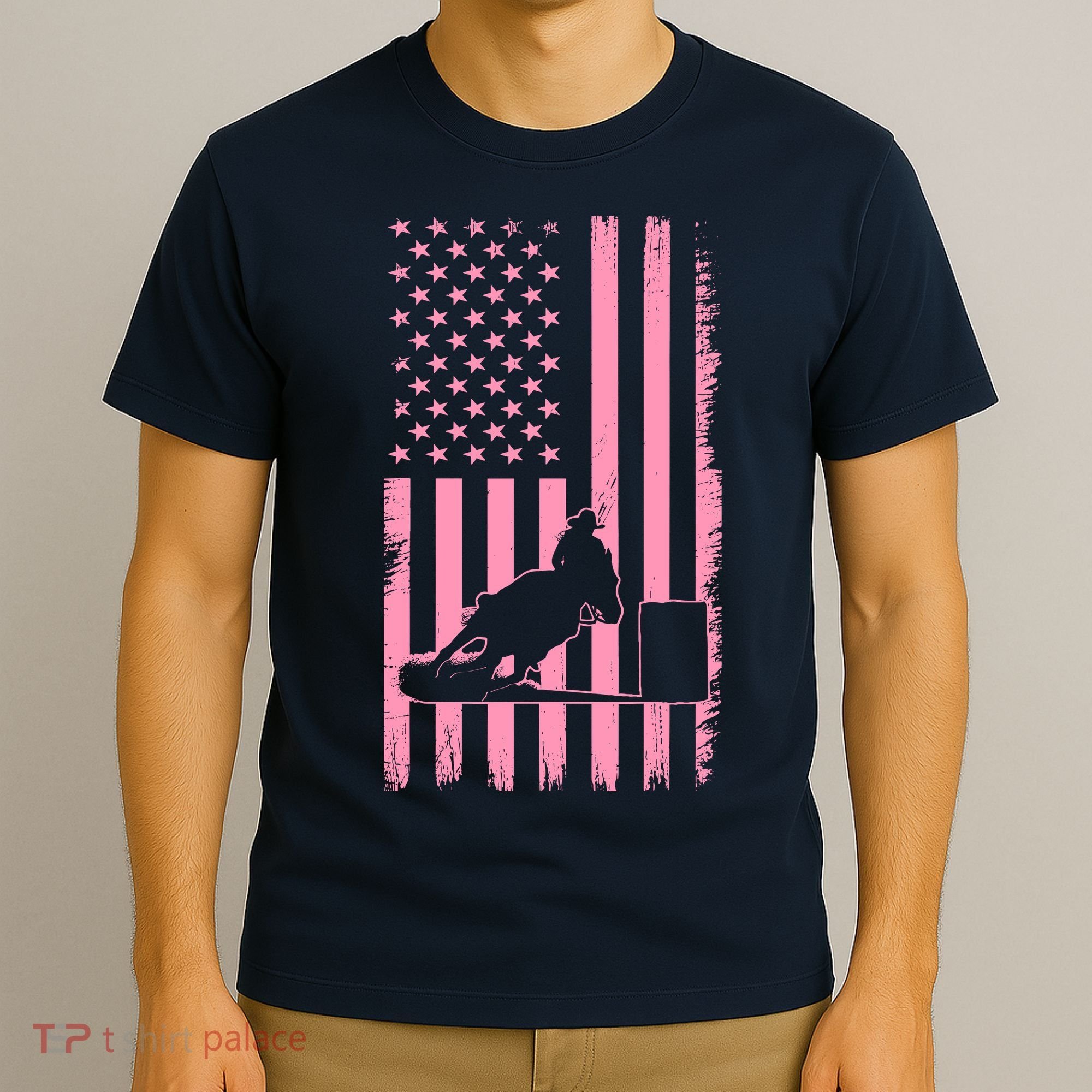 Us Flag Pink Cowgirl Rodeo Western Horse Barrel Racing T-Shirt
