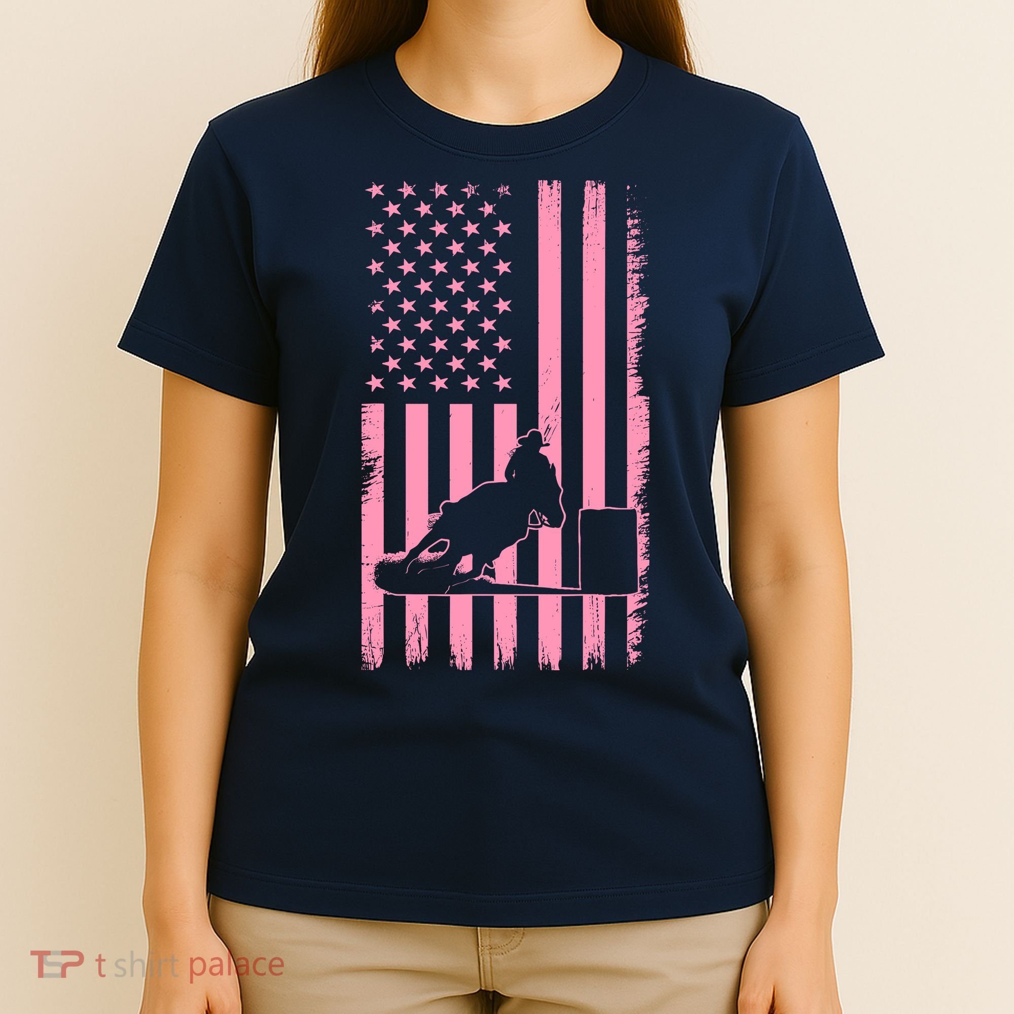 Us Flag Pink Cowgirl Rodeo Western Horse Barrel Racing T-Shirt