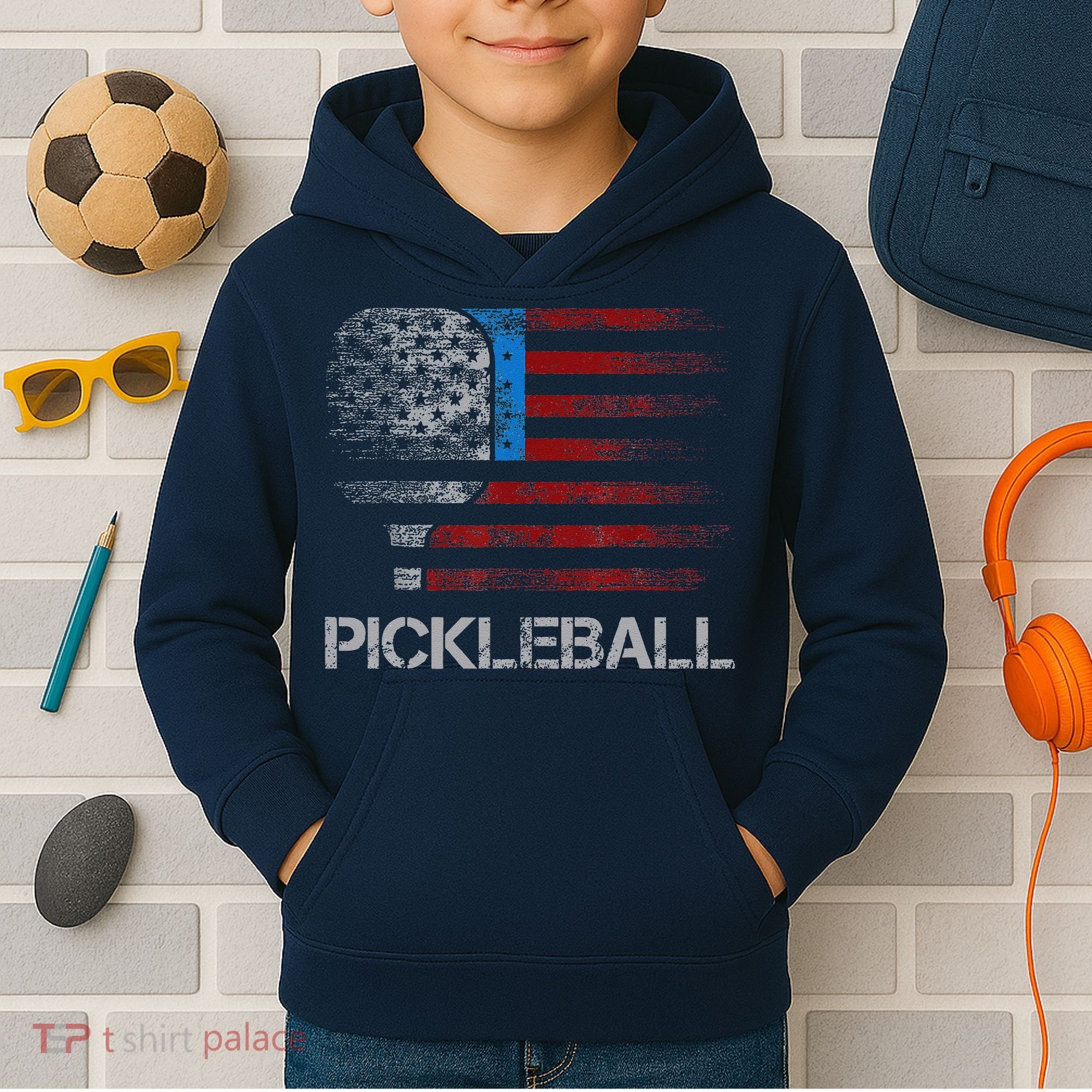 Us Flag Pickleball Player Paddleball Lover Kids Hoodie