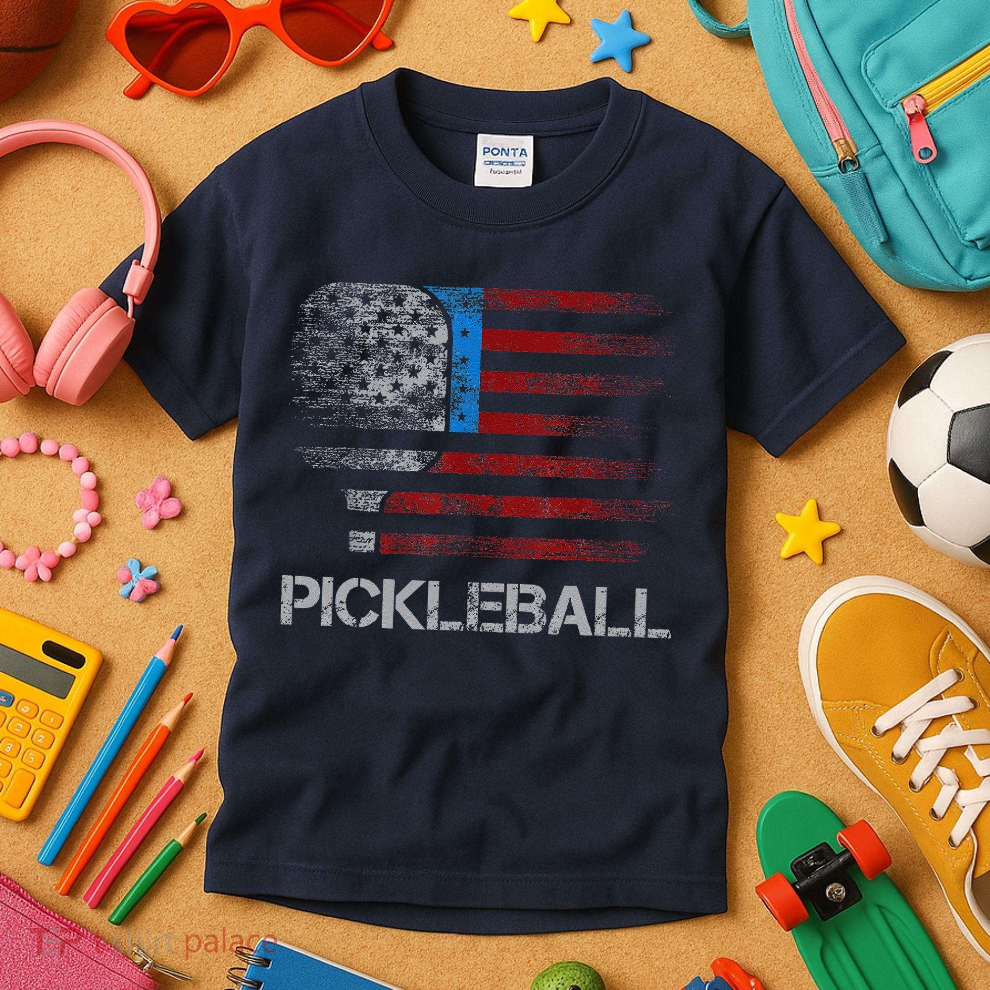 Us Flag Pickleball Player Paddleball Lover Kids T-Shirt