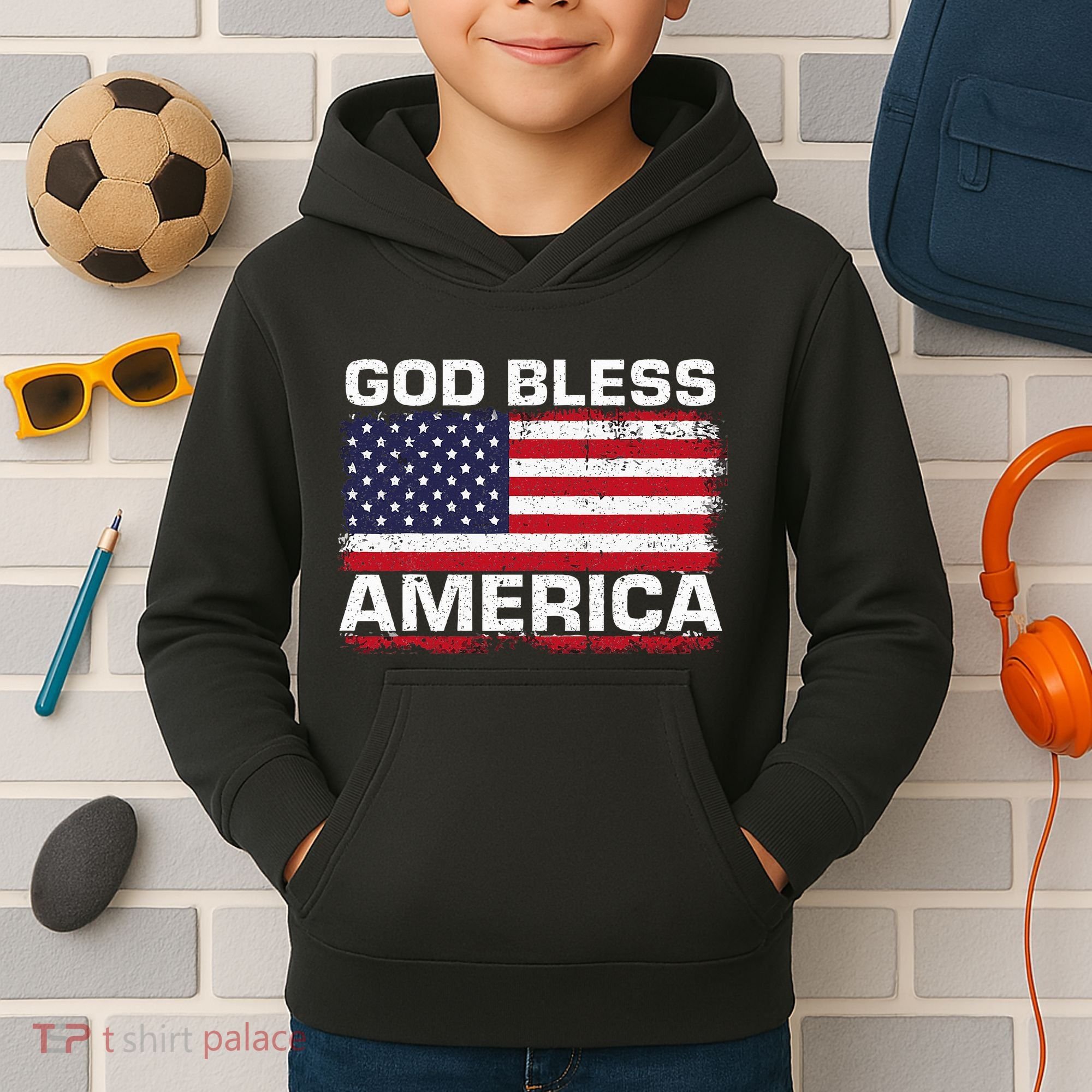 Usa Flag Patriotic God Bless America Kids Hoodie