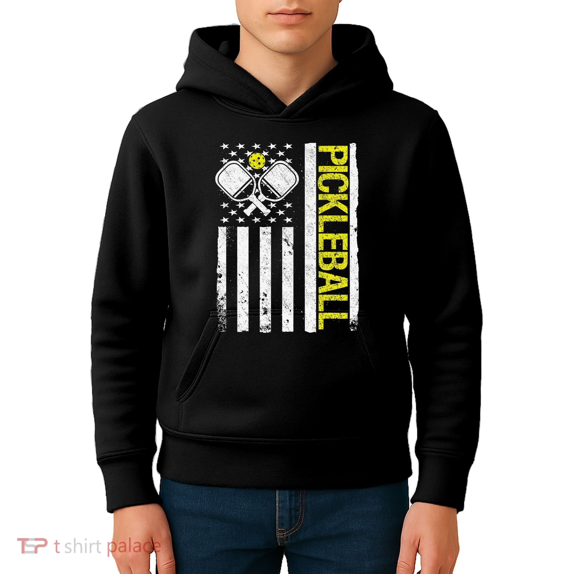 US Flag Pickleball Player Paddleball Lover Kids Hoodie