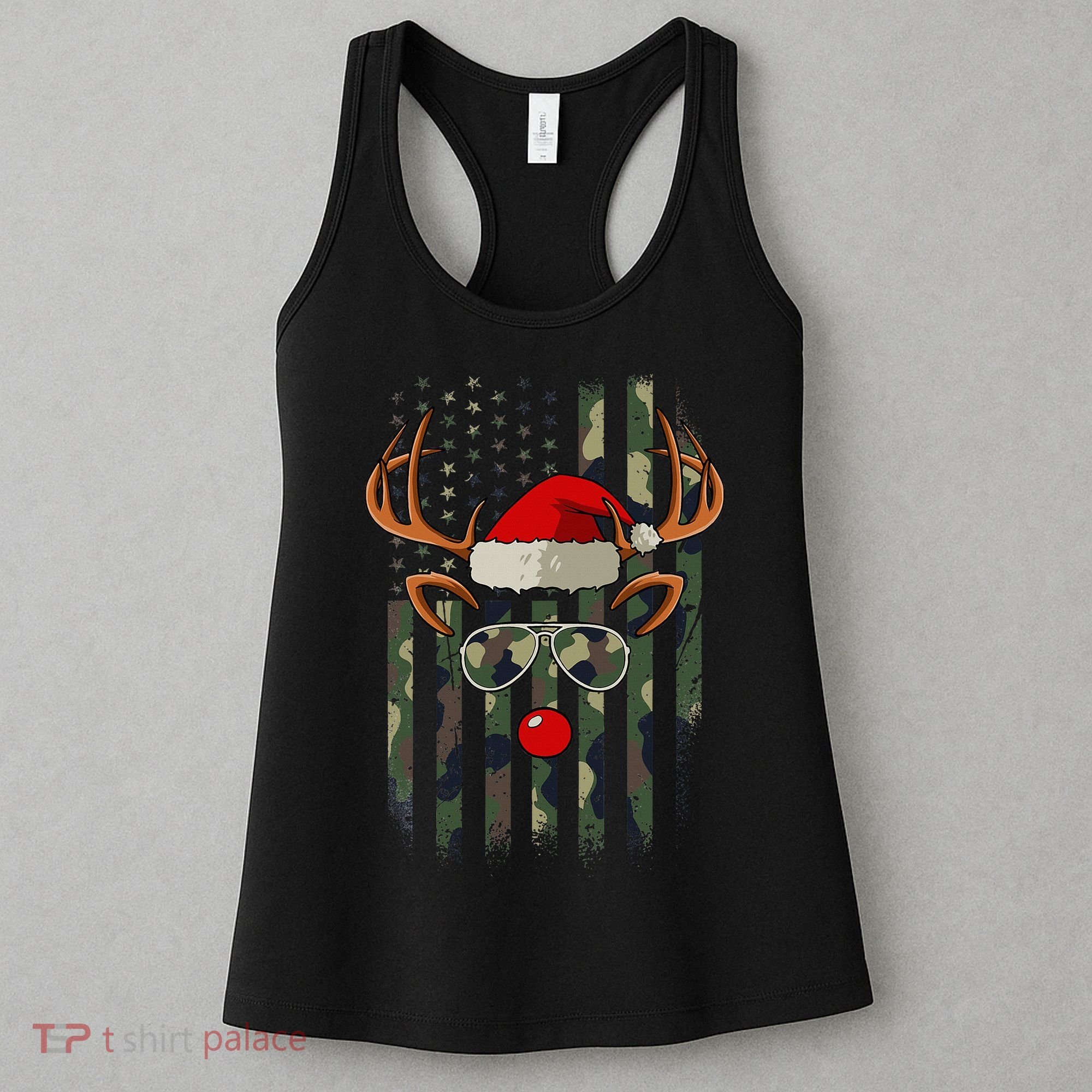 USA Flag Reindeer Camo Christmas Pajama Patriotic XMas Women's Tank Top