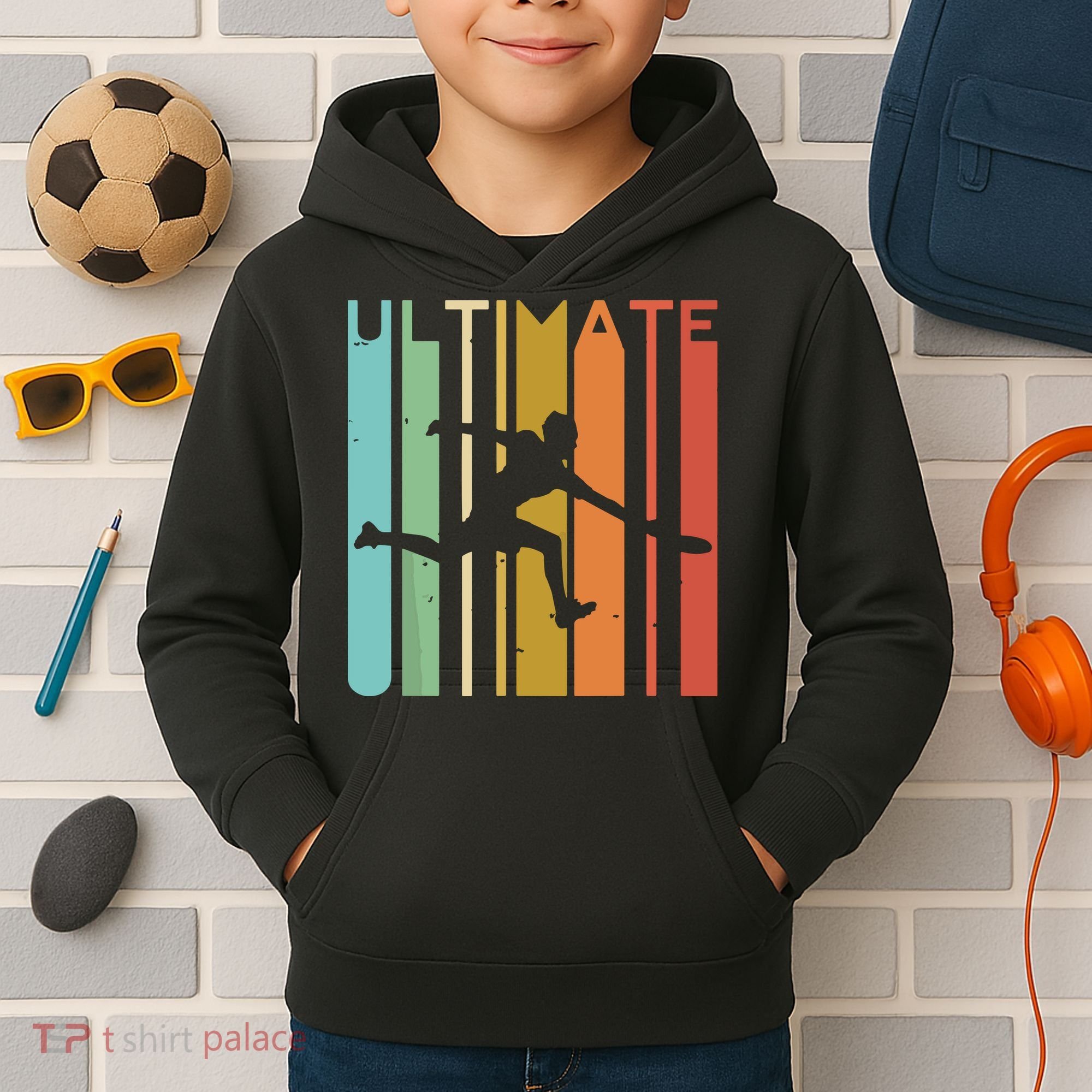 Ultimate Frisbee Retro Player Flying Disc Throwing Kids Hoodie