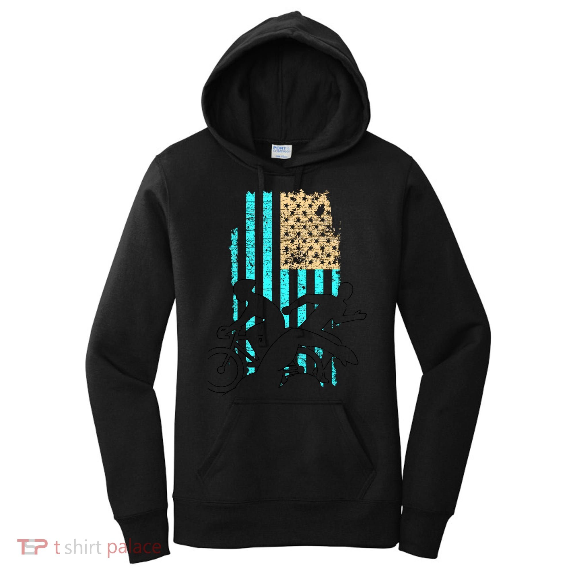 Usa Flag Triathlon Great Gift Swim Bike Run Women's Hoodie