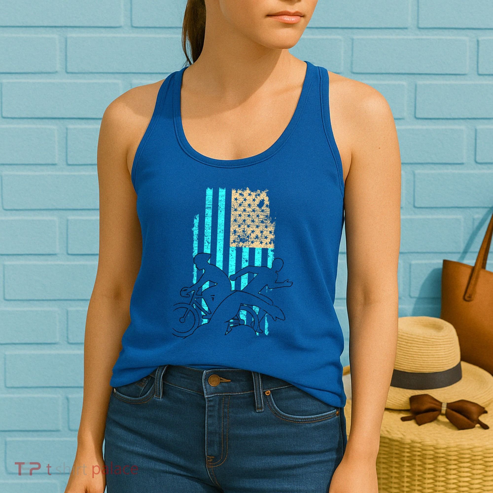 Usa Flag Triathlon Great Gift Swim Bike Run Women's Tank Top
