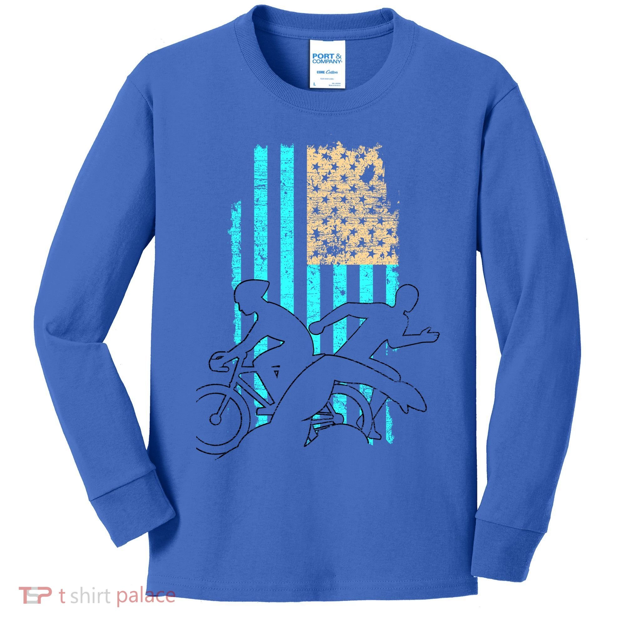 Usa Flag Triathlon Great Gift Swim Bike Run Kids Long Sleeve Shirt