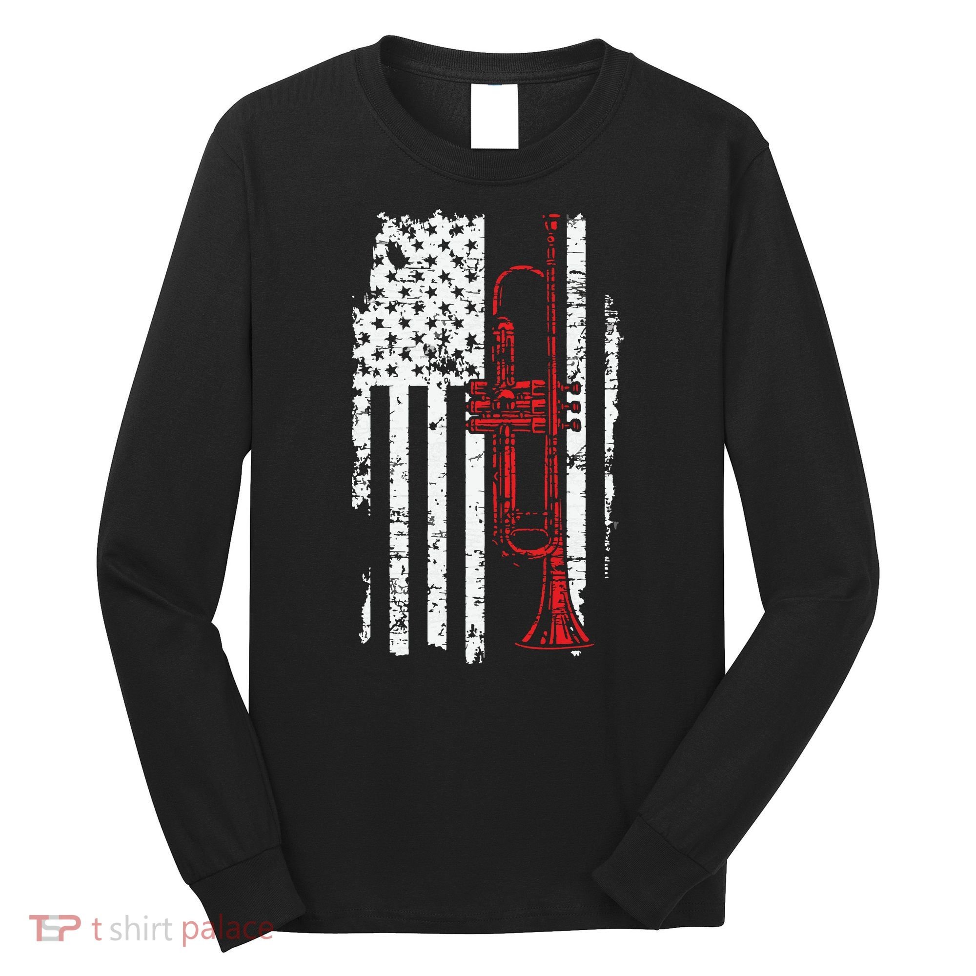USA Flag Thin Red Line Jazz Music Gifts Trumpet Long Sleeve Shirt