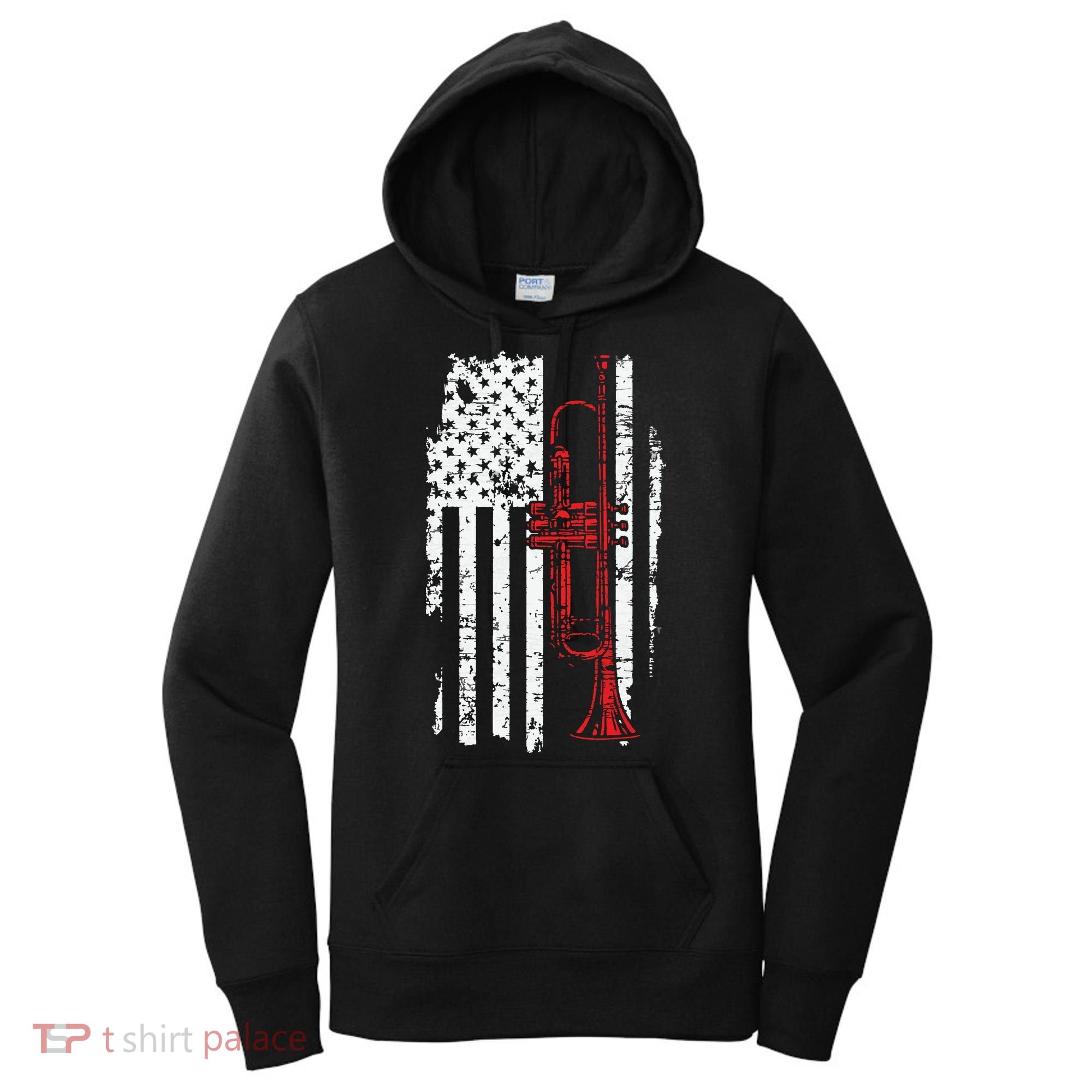 USA Flag Thin Red Line Jazz Music Gifts Trumpet Women's Hoodie