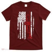 USA Flag Thin Red Line Jazz Music Gifts Trumpet T-Shirt thumb 0