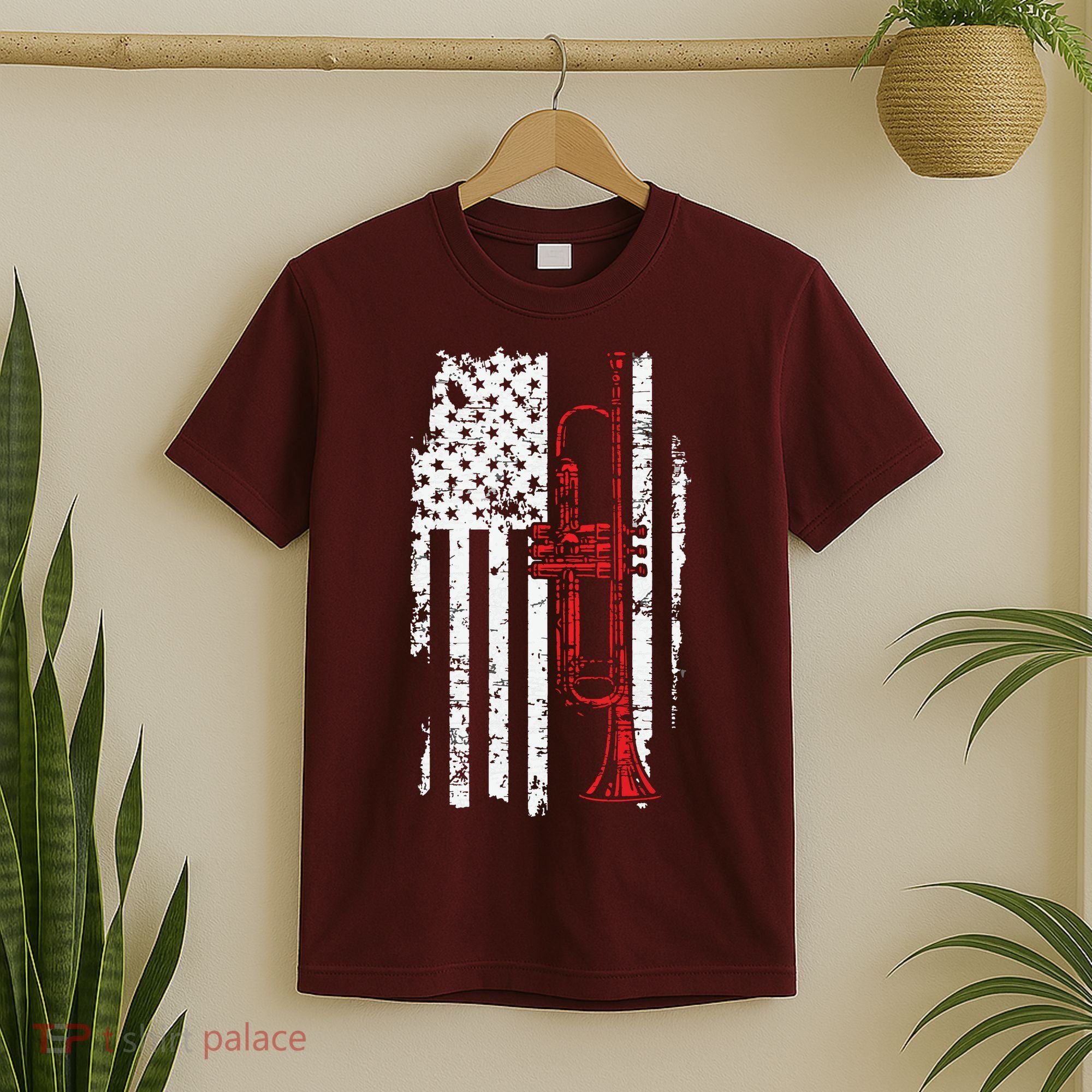 USA Flag Thin Red Line Jazz Music Gifts Trumpet T-Shirt