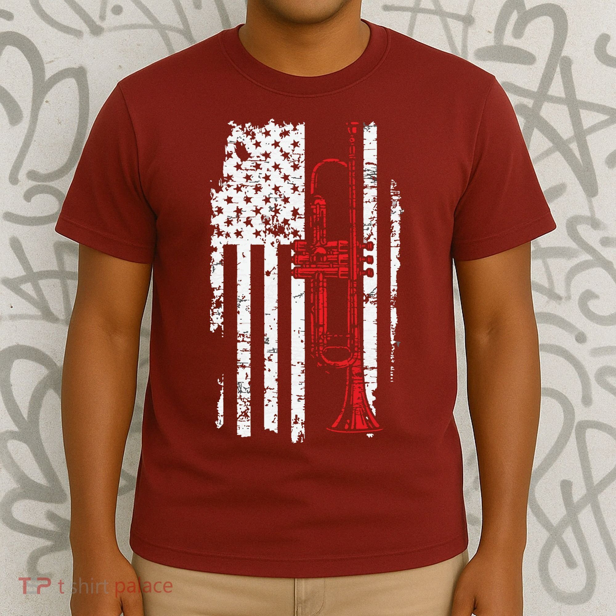 USA Flag Thin Red Line Jazz Music Gifts Trumpet T-Shirt