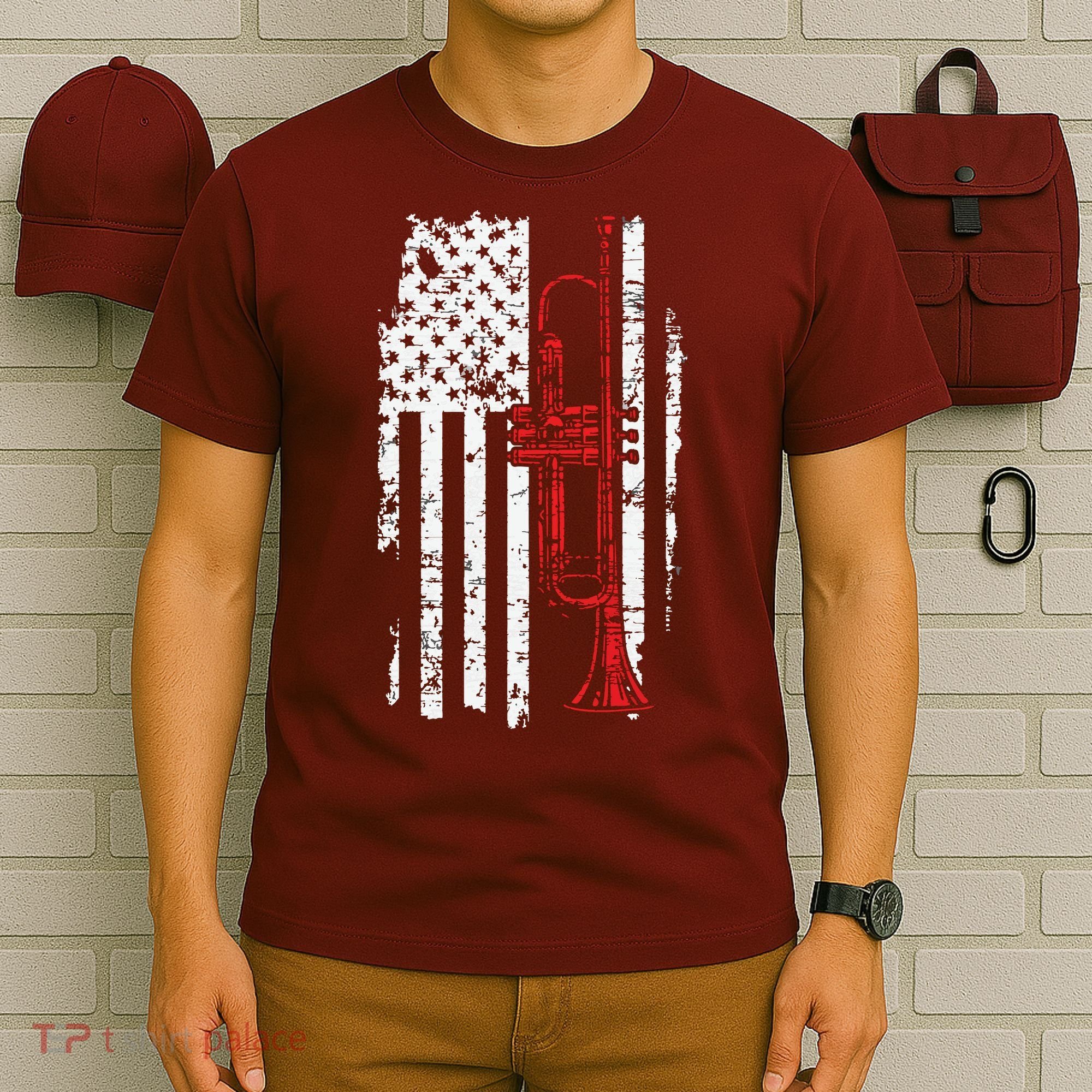 USA Flag Thin Red Line Jazz Music Gifts Trumpet T-Shirt