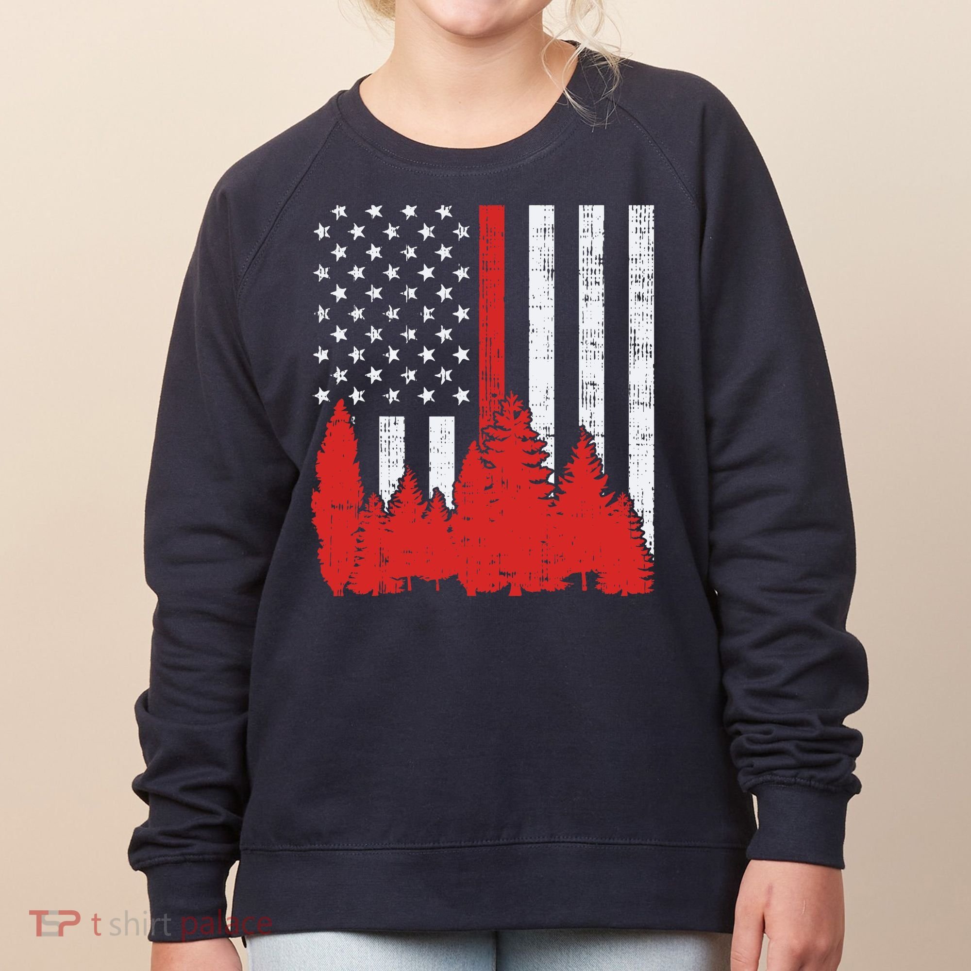 USA Flag Thin Red Line Forest Fire Wildland Firefighter Gift Women's Sweatshirt