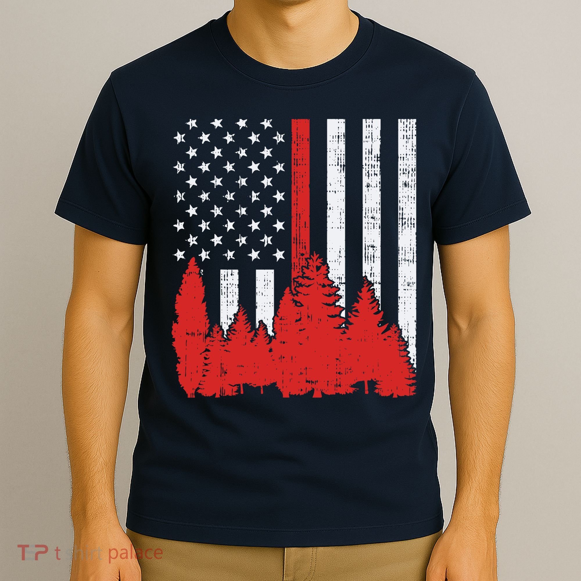 USA Flag Thin Red Line Forest Fire Wildland Firefighter Gift T-Shirt