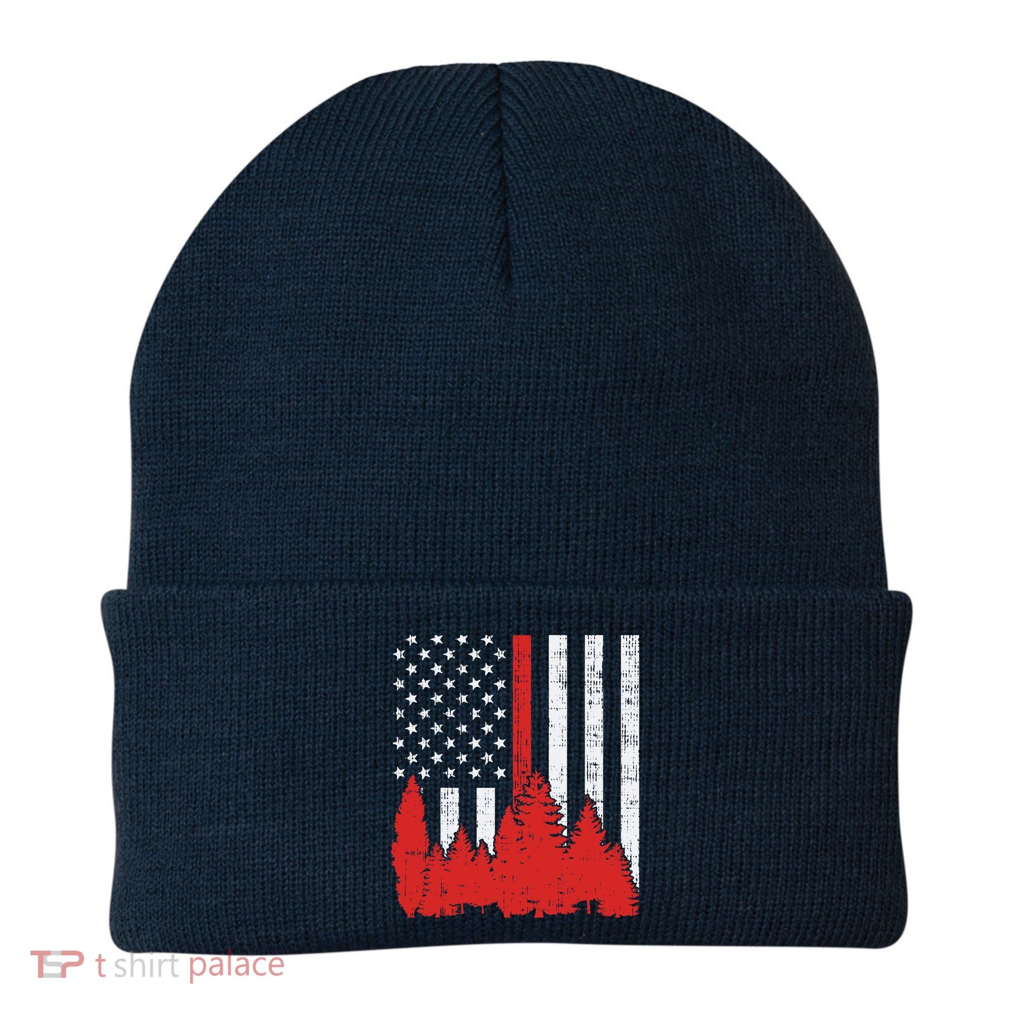 USA Flag Thin Red Line Forest Fire Wildland Firefighter Gift Beanie
