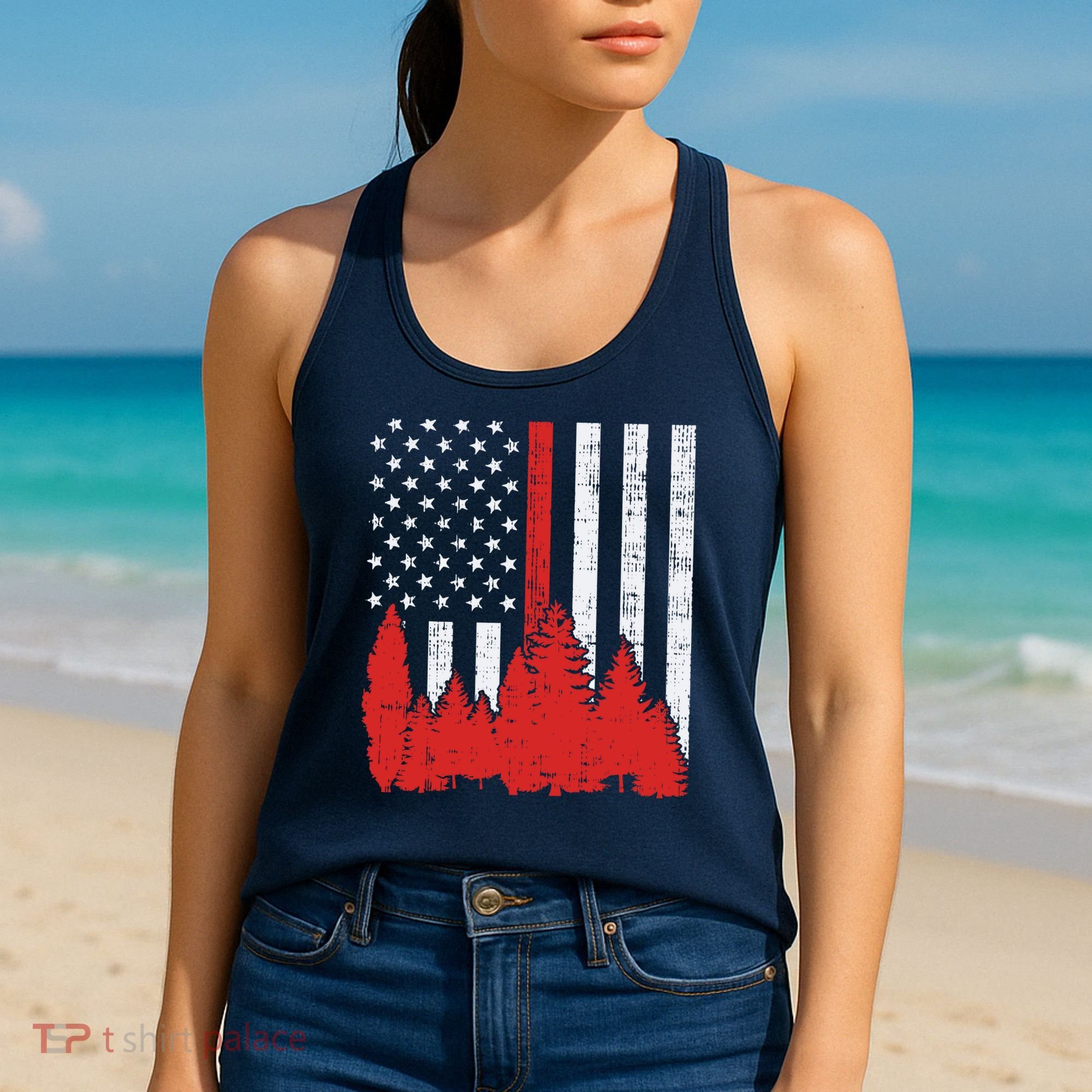 USA Flag Thin Red Line Forest Fire Wildland Firefighter Gift Women's Tank Top