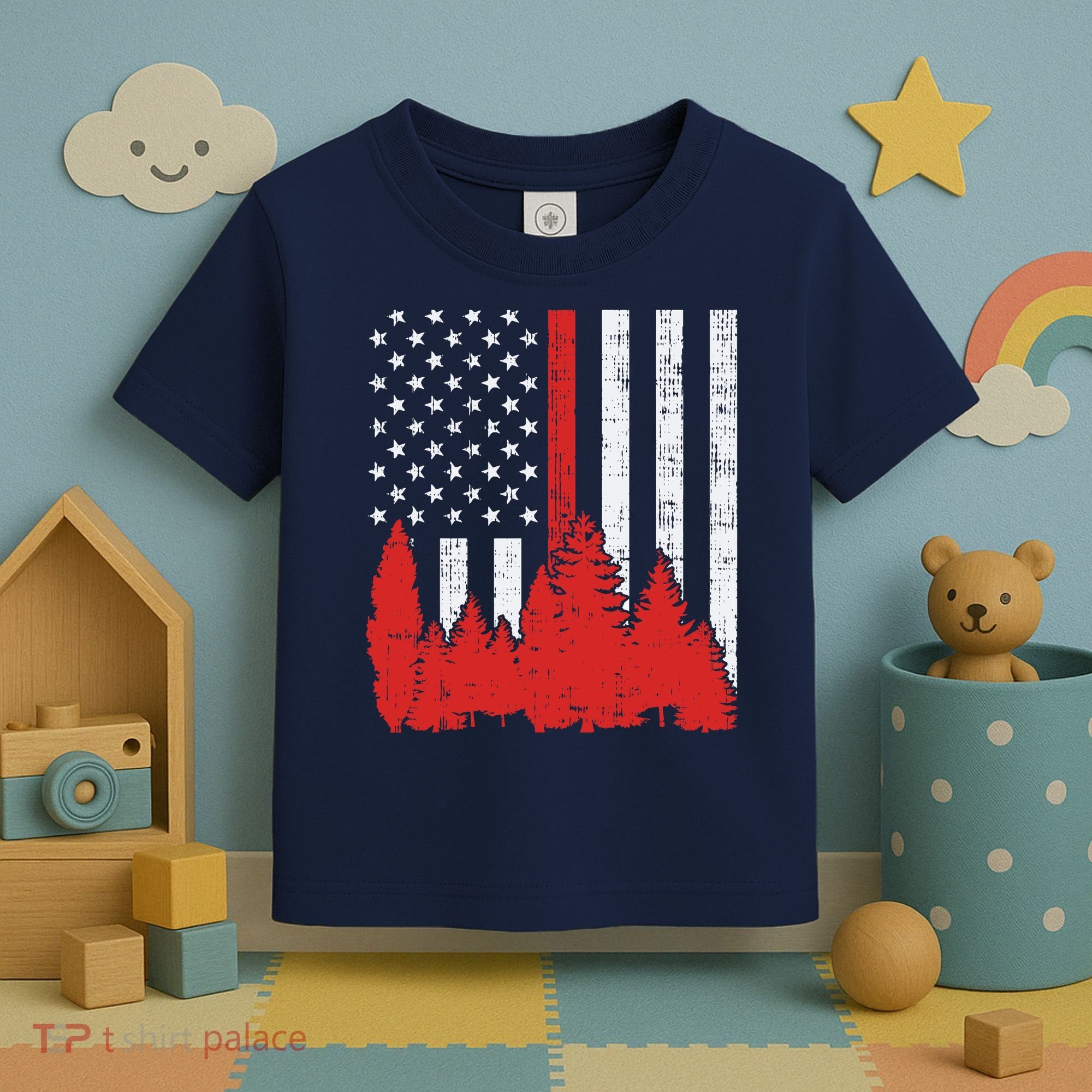 USA Flag Thin Red Line Forest Fire Wildland Firefighter Gift Toddler T-Shirt