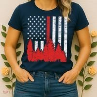 USA Flag Thin Red Line Forest Fire Wildland Firefighter Gift Women's T-Shirt thumb 2