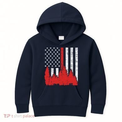 USA Flag Thin Red Line Forest Fire Wildland Firefighter Gift Kids Hoodie