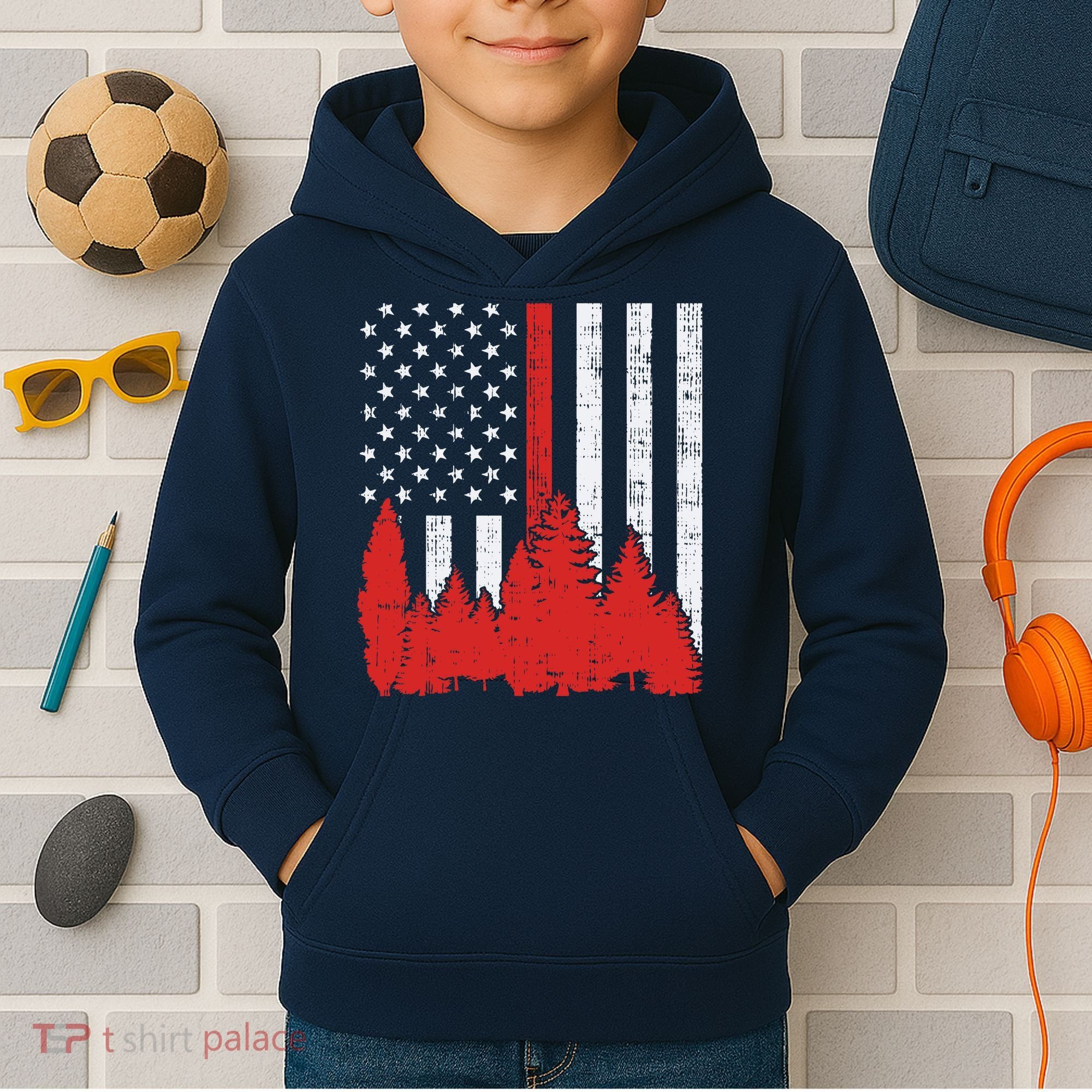 USA Flag Thin Red Line Forest Fire Wildland Firefighter Gift Kids Hoodie