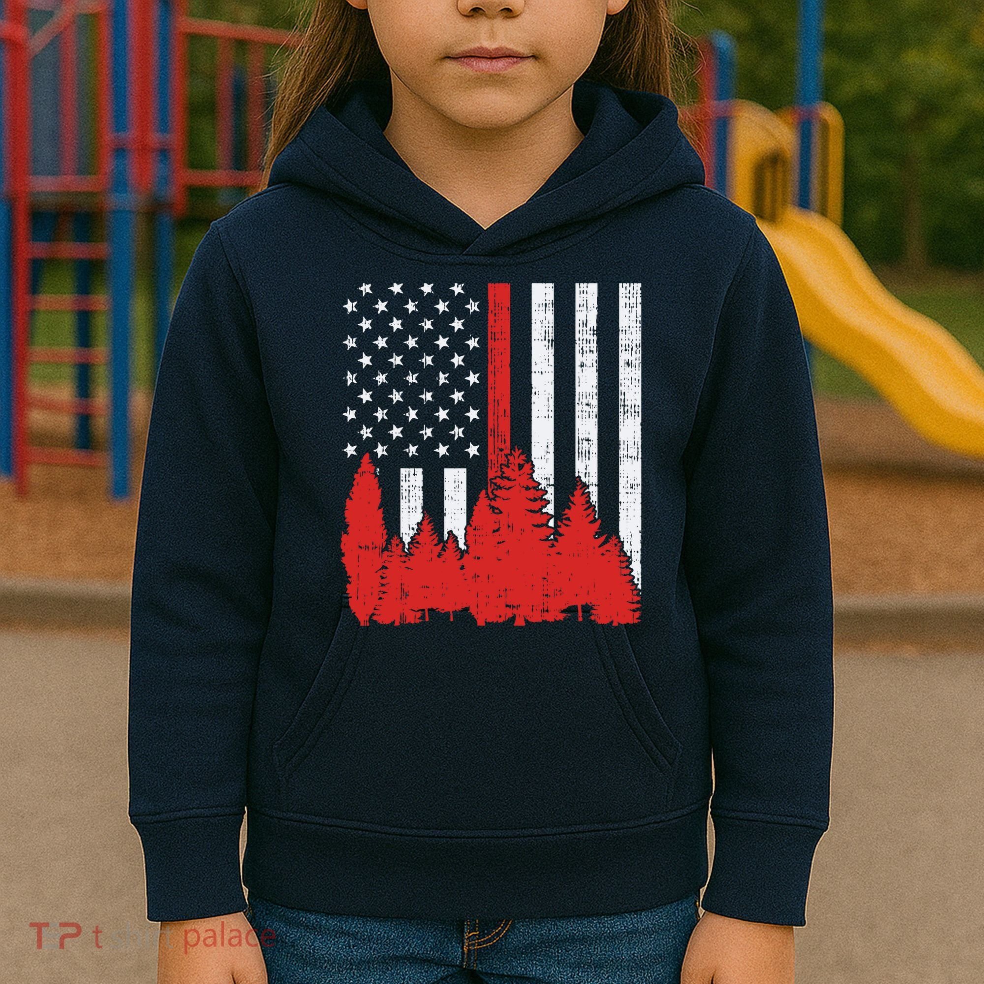 USA Flag Thin Red Line Forest Fire Wildland Firefighter Gift Kids Hoodie